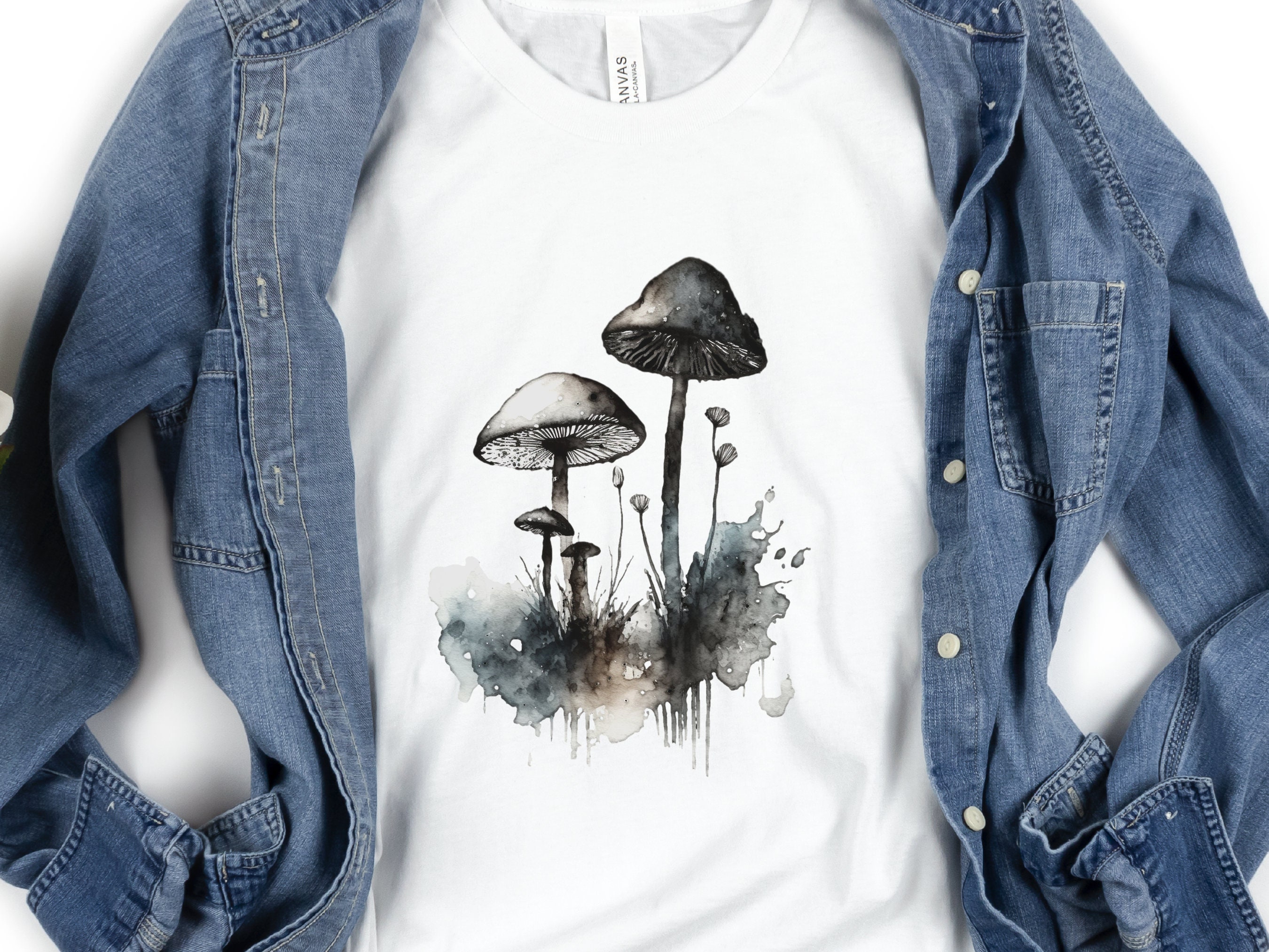 Monochrome Mushrooms T-Shirt Watercolour Ink and Wash Simple Elegant Shirt Blue Grey Black Minimalist Botanical Nature Lovers Gift Gothic - View 8