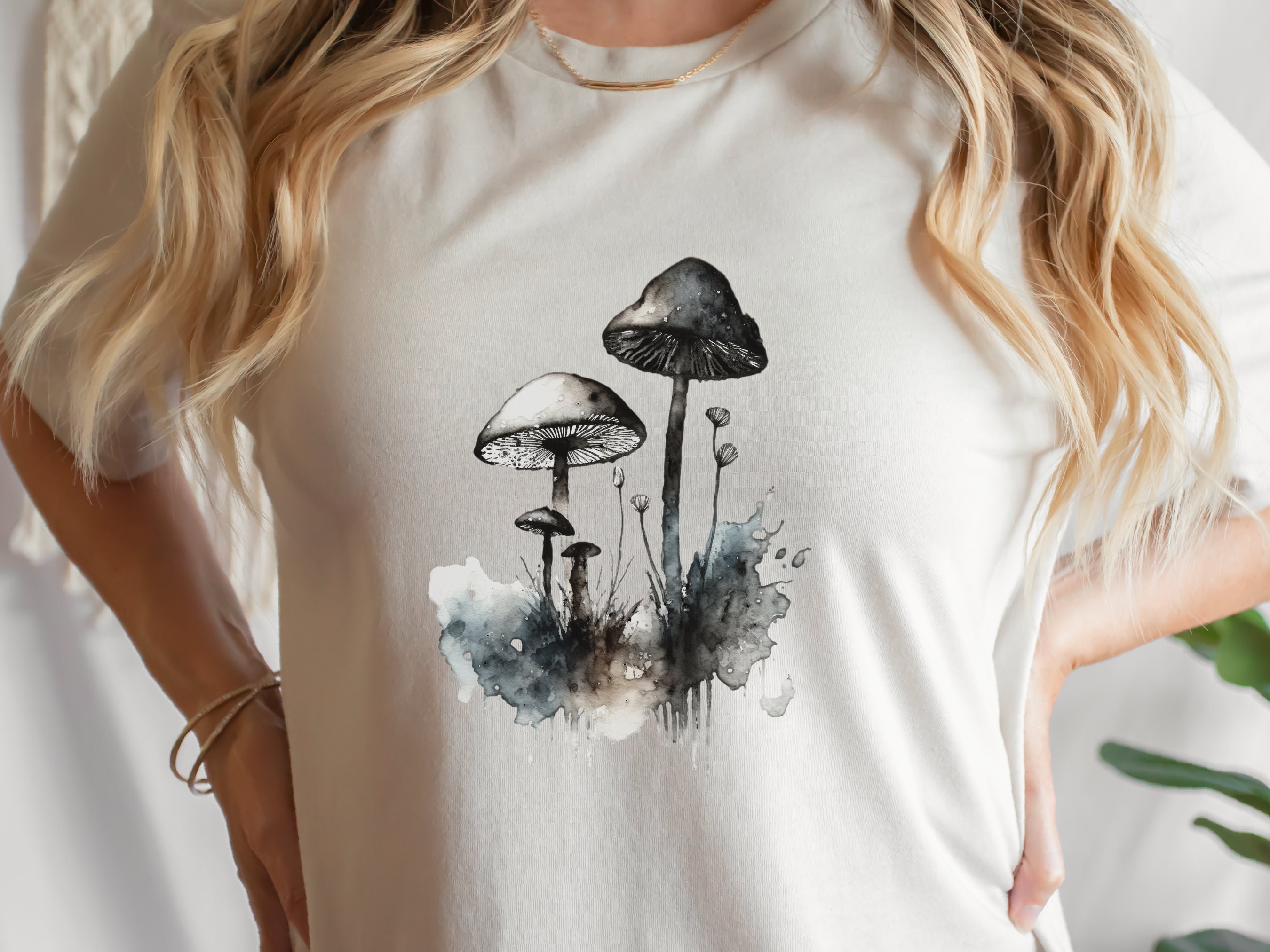 Monochrome Mushrooms T-Shirt Watercolour Ink and Wash Simple Elegant Shirt Blue Grey Black Minimalist Botanical Nature Lovers Gift Gothic - View 9