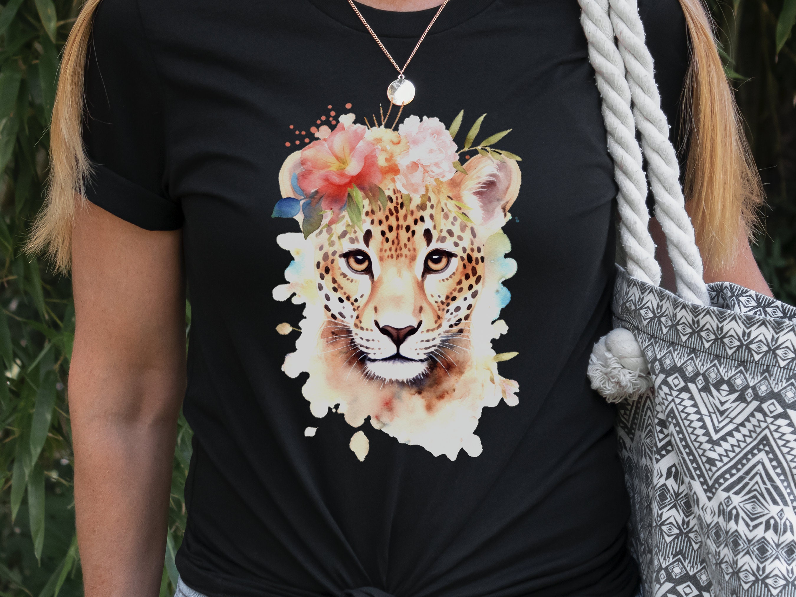 Jaguar Tshirt for Women Pink Flowers Tee Wild Animal Print Jungle Big Cat Lovers Unique Watercolour Design Cute Nature T-Shirt Floral Shirt