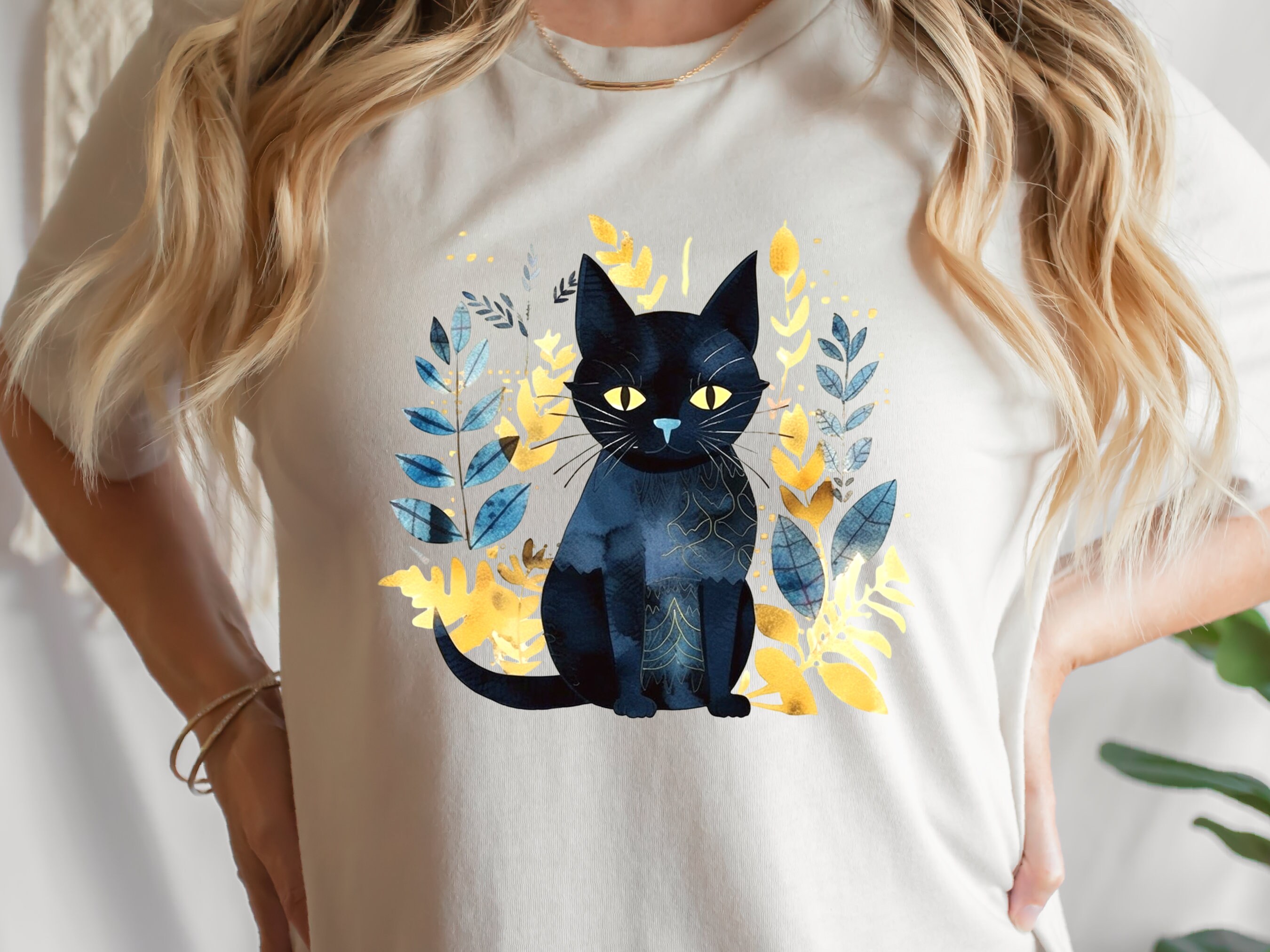 Black Cat Shirt Mystical Boho Watercolour T-Shirt Cat Lover Gift for Cat Mom Witchy Vibes Tee Folk Art Sustainable Cotton Tshirt for Her - View 2