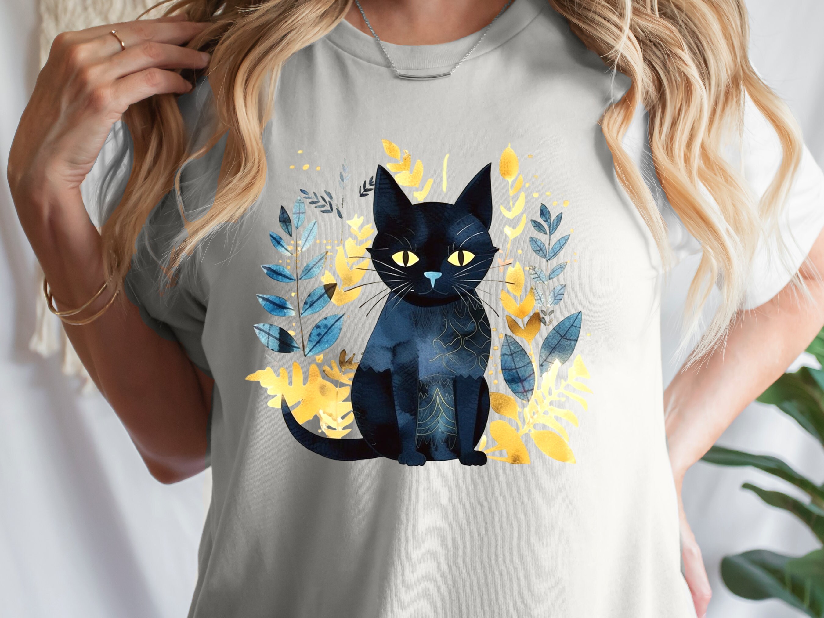 Black Cat Shirt Mystical Boho Watercolour T-Shirt Cat Lover Gift for Cat Mom Witchy Vibes Tee Folk Art Sustainable Cotton Tshirt for Her - View 3