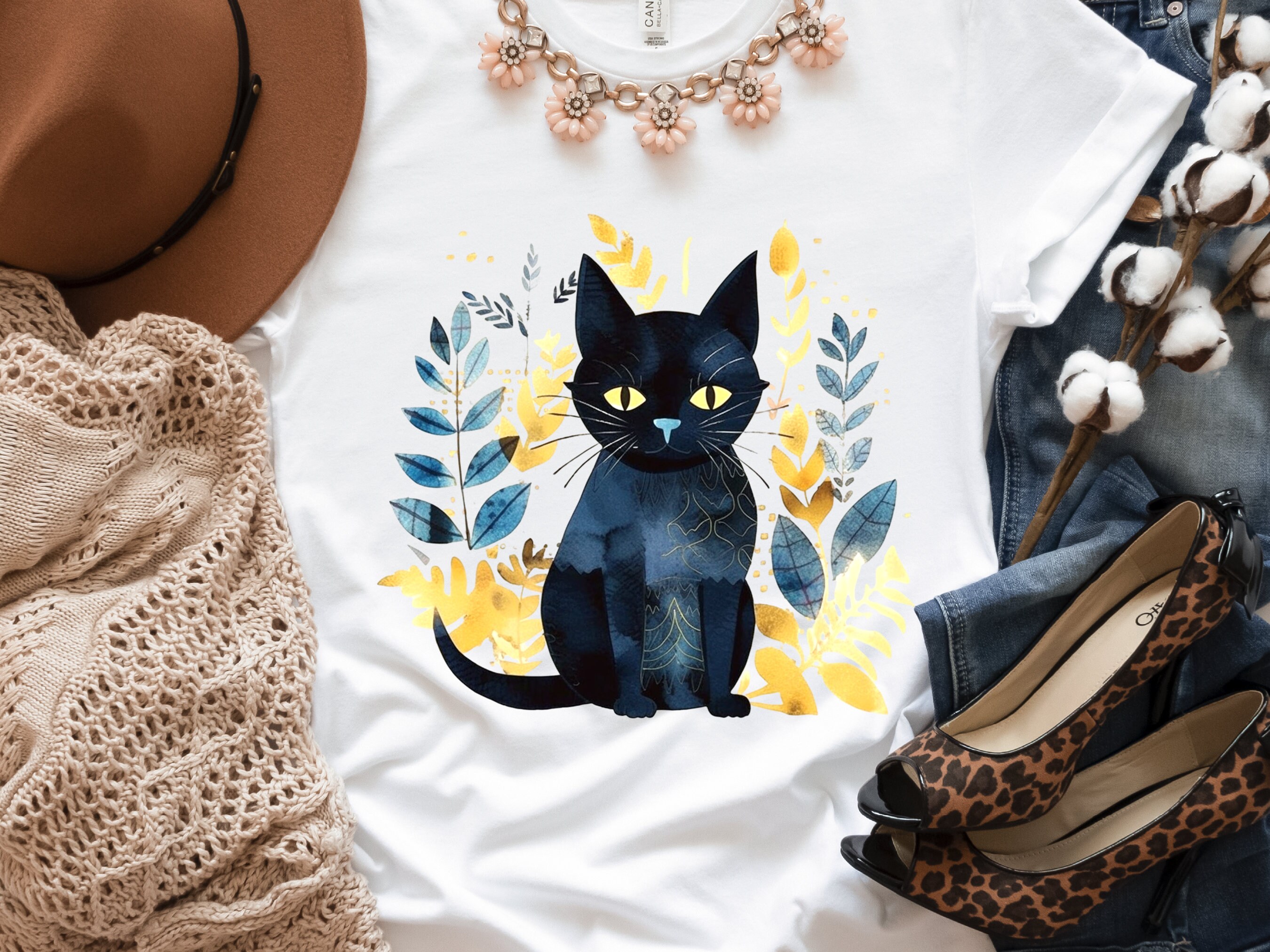 Black Cat Shirt Mystical Boho Watercolour T-Shirt Cat Lover Gift for Cat Mom Witchy Vibes Tee Folk Art Sustainable Cotton Tshirt for Her - View 4