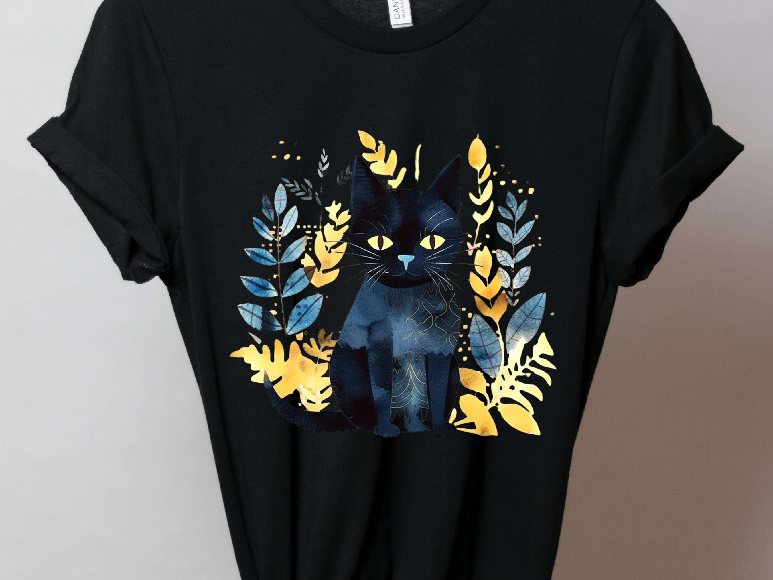 Black Cat Shirt Mystical Boho Watercolour T-Shirt Cat Lover Gift for Cat Mom Witchy Vibes Tee Folk Art Sustainable Cotton Tshirt for Her - View 5