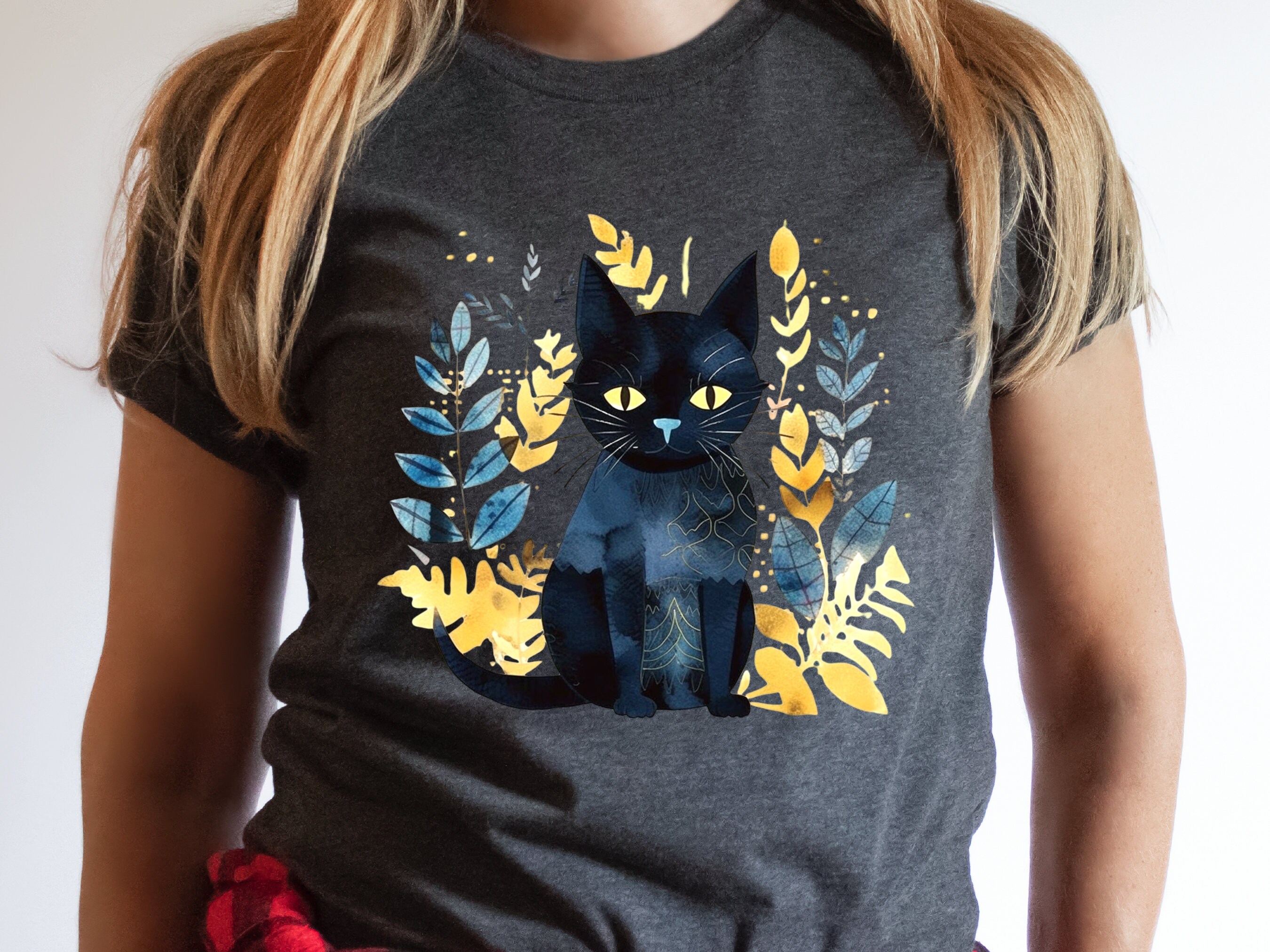 Black Cat Shirt Mystical Boho Watercolour T-Shirt Cat Lover Gift for Cat Mom Witchy Vibes Tee Folk Art Sustainable Cotton Tshirt for Her - View 6