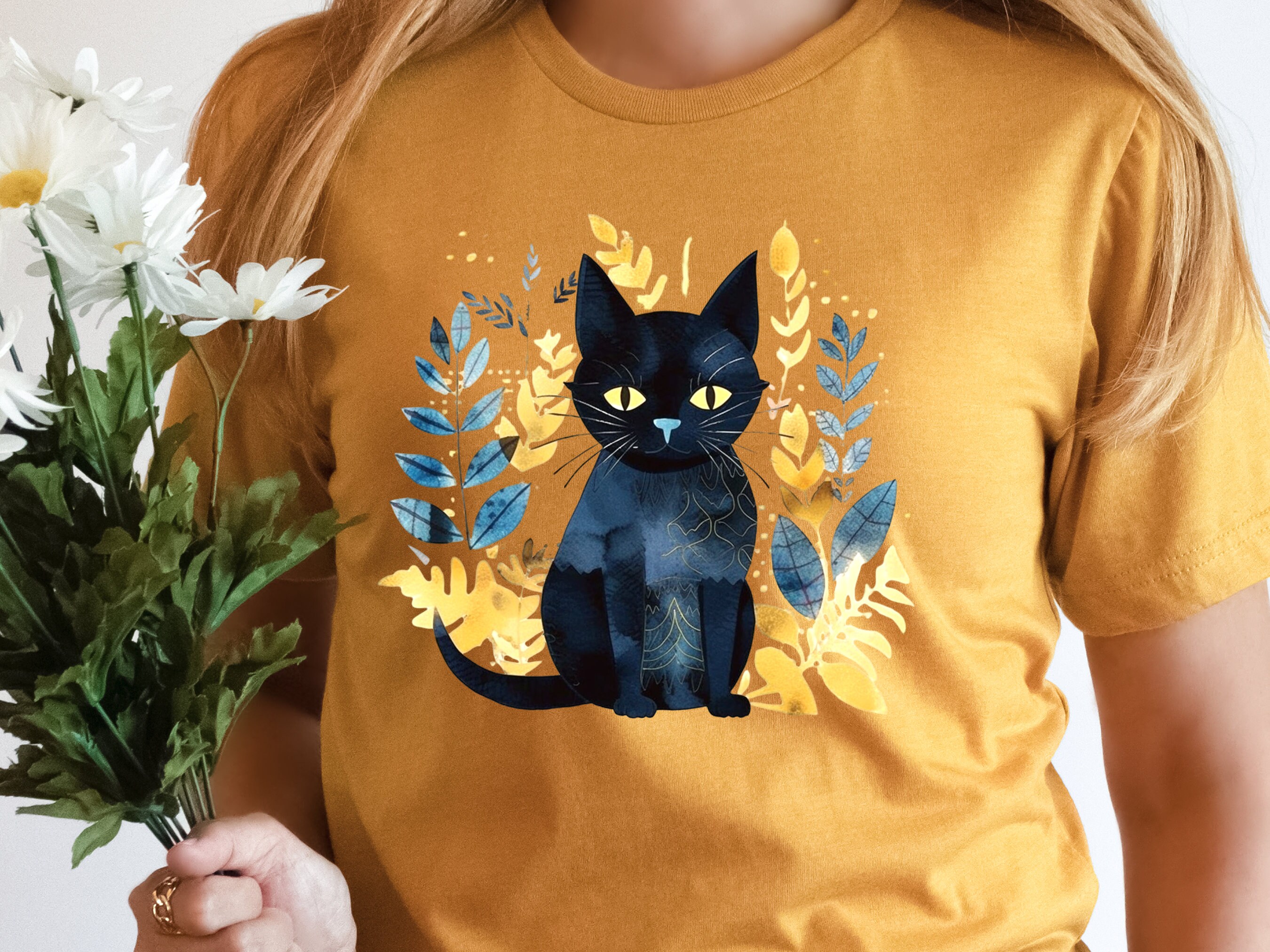 Black Cat Shirt Mystical Boho Watercolour T-Shirt Cat Lover Gift for Cat Mom Witchy Vibes Tee Folk Art Sustainable Cotton Tshirt for Her - View 7