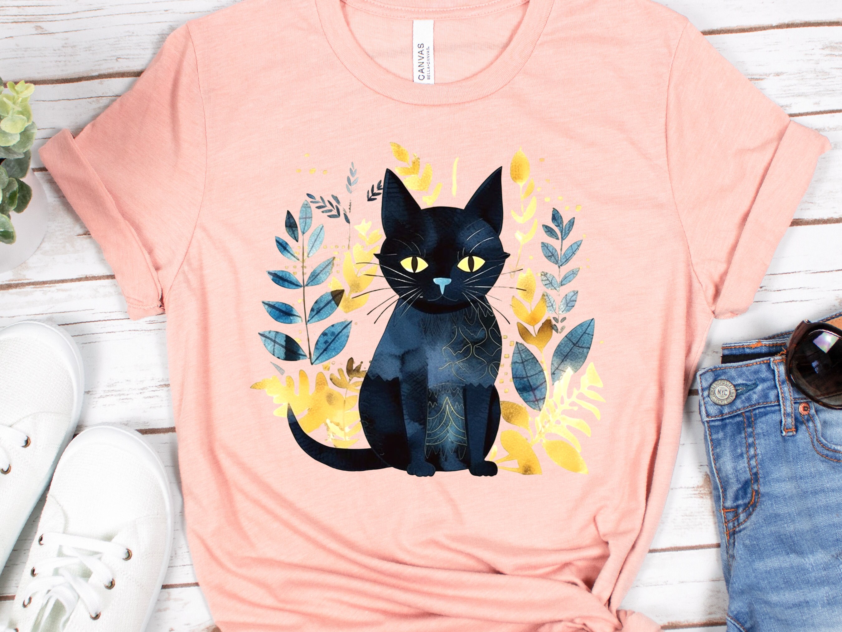 Black Cat Shirt Mystical Boho Watercolour T-Shirt Cat Lover Gift for Cat Mom Witchy Vibes Tee Folk Art Sustainable Cotton Tshirt for Her - View 8