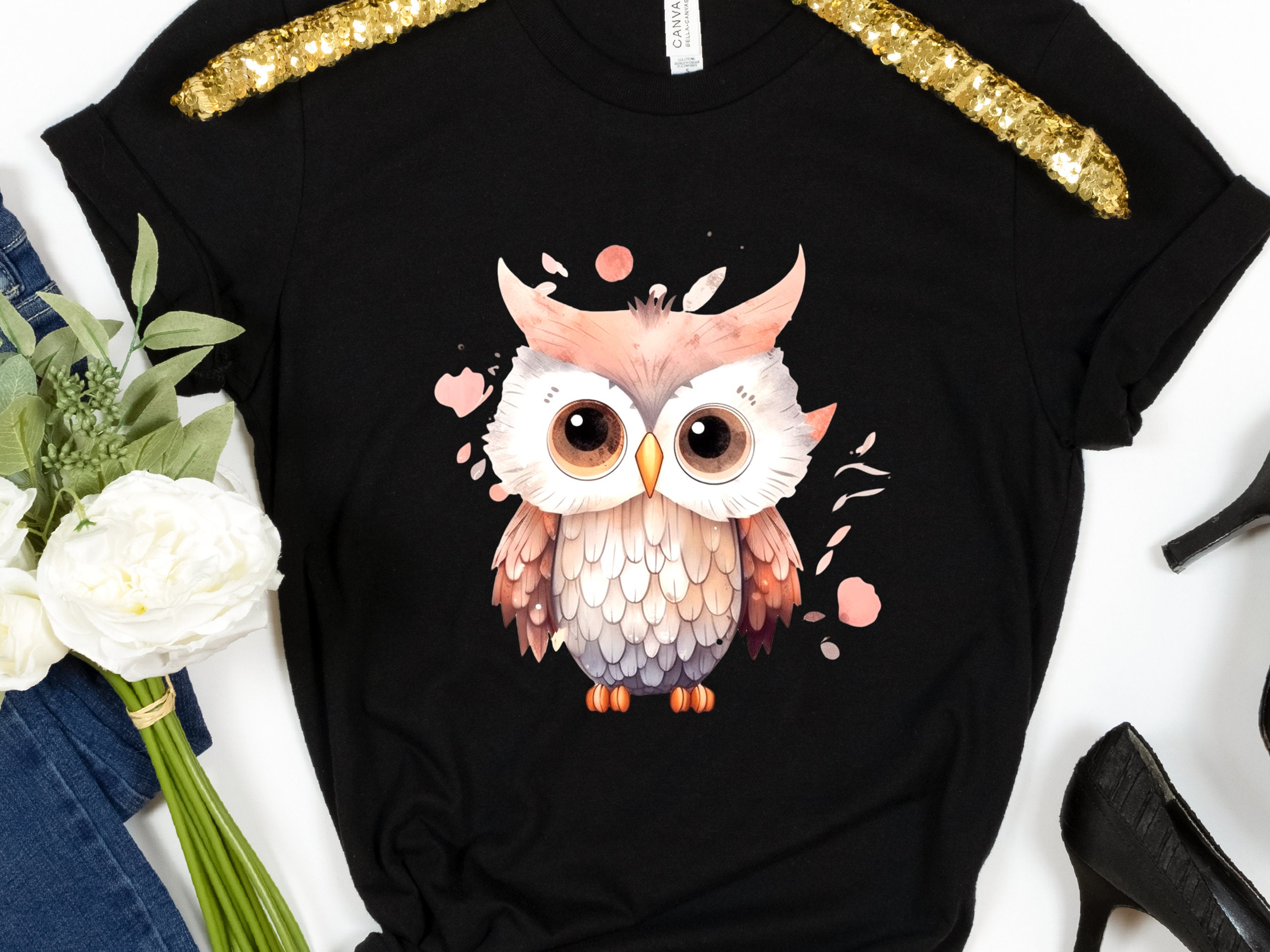 Cute Baby Owl T-Shirt Pink and Grey Bird Lover Gift for Her Adorable Graphic Tee Aesthetic Ornithology Shirt for Bird Watchers and Owners - View 2