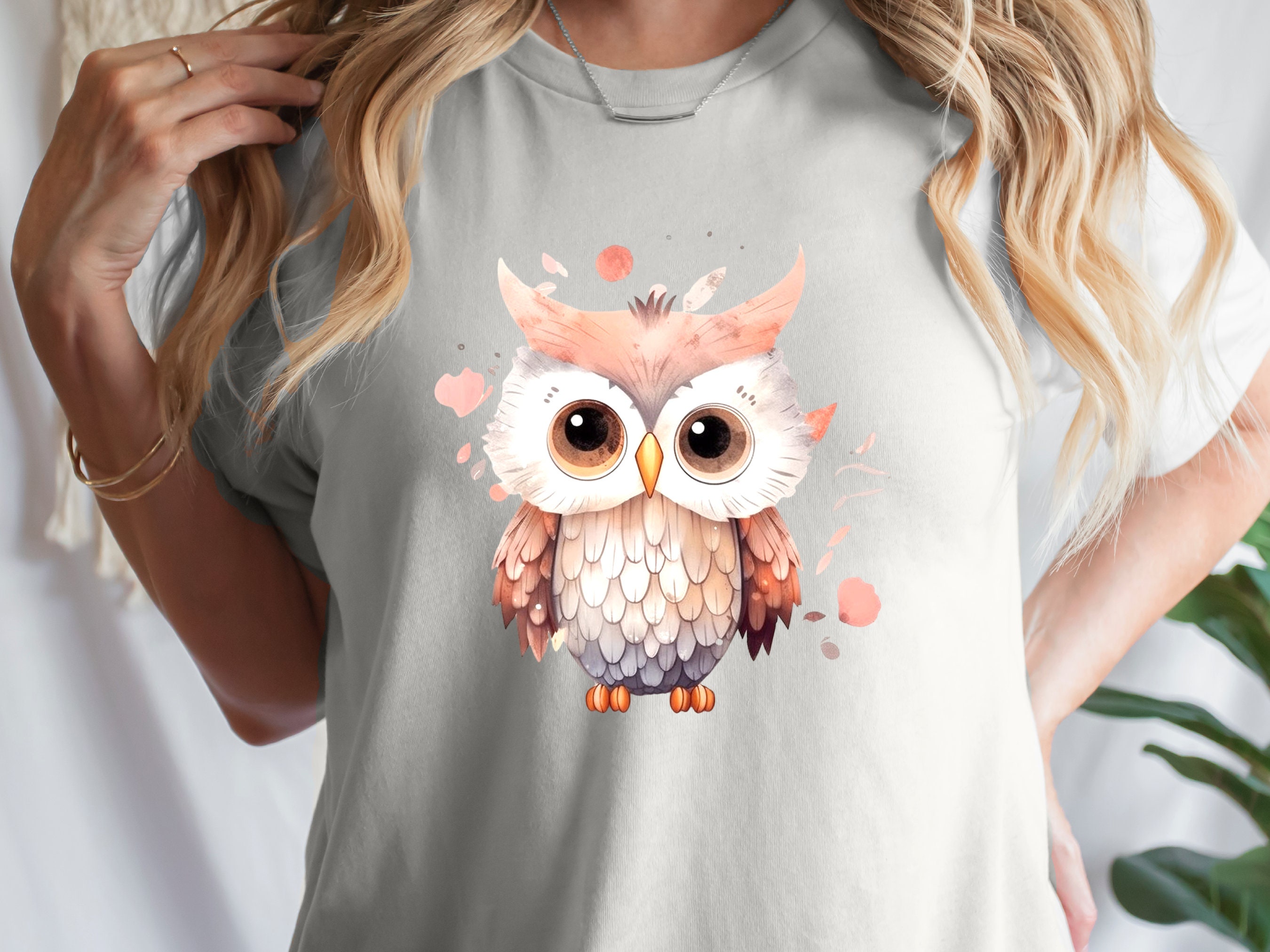 Cute Baby Owl T-Shirt Pink and Grey Bird Lover Gift for Her Adorable Graphic Tee Aesthetic Ornithology Shirt for Bird Watchers and Owners - View 4