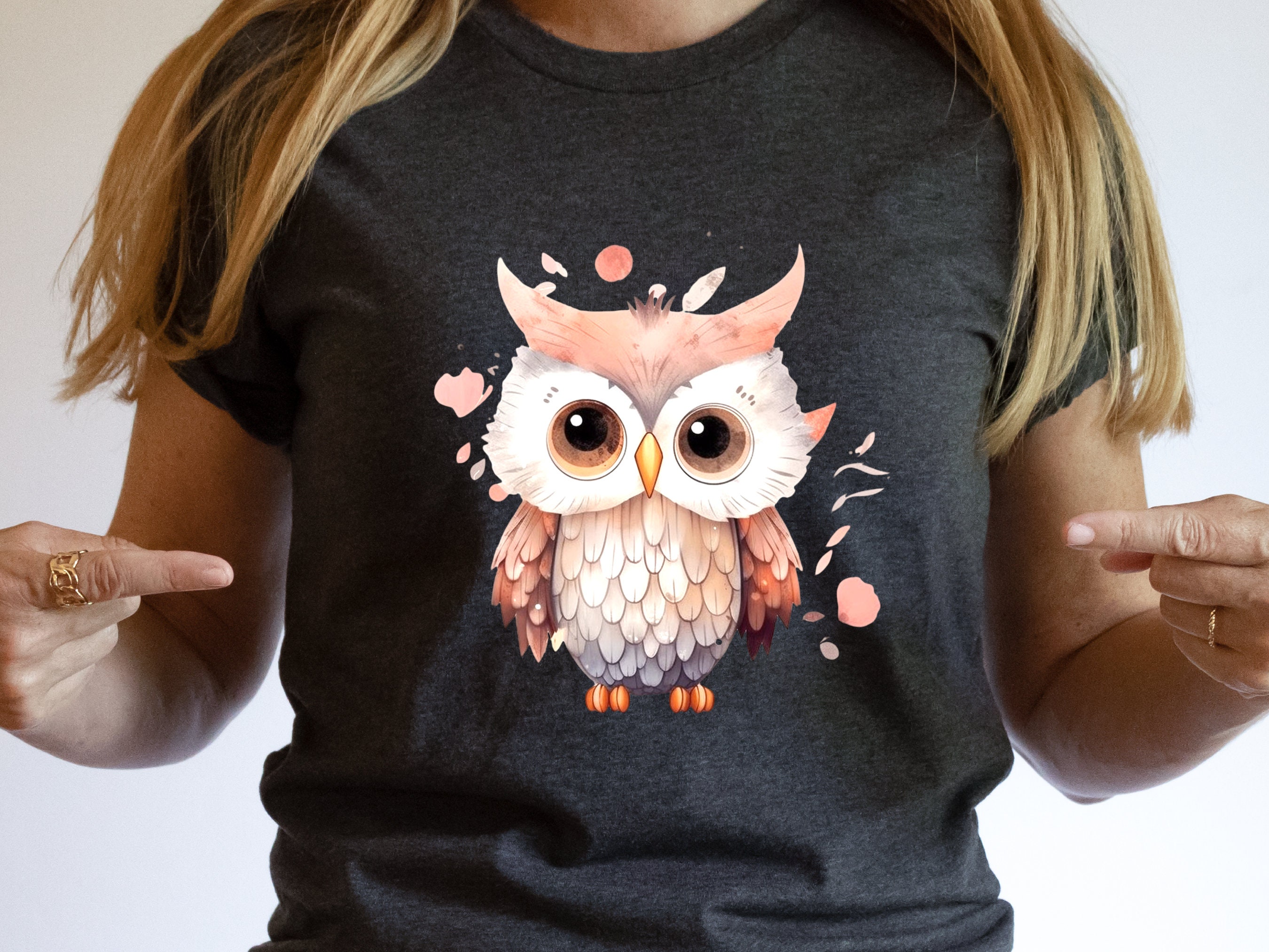 Cute Baby Owl T-Shirt Pink and Grey Bird Lover Gift for Her Adorable Graphic Tee Aesthetic Ornithology Shirt for Bird Watchers and Owners - View 7