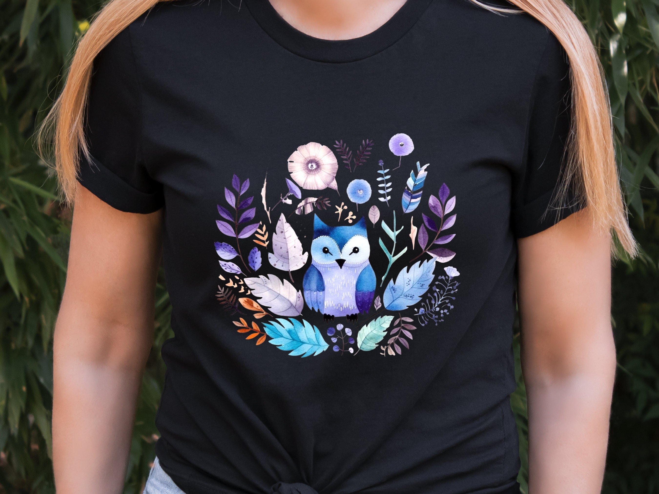 Cute Owl Shirt Enchanted Boho Owl Watercolour T-Shirt in Purple Blue Nature Lover Gift for Bird Lovers Wisdom Shirt Ornithology Tee for Her - View 6