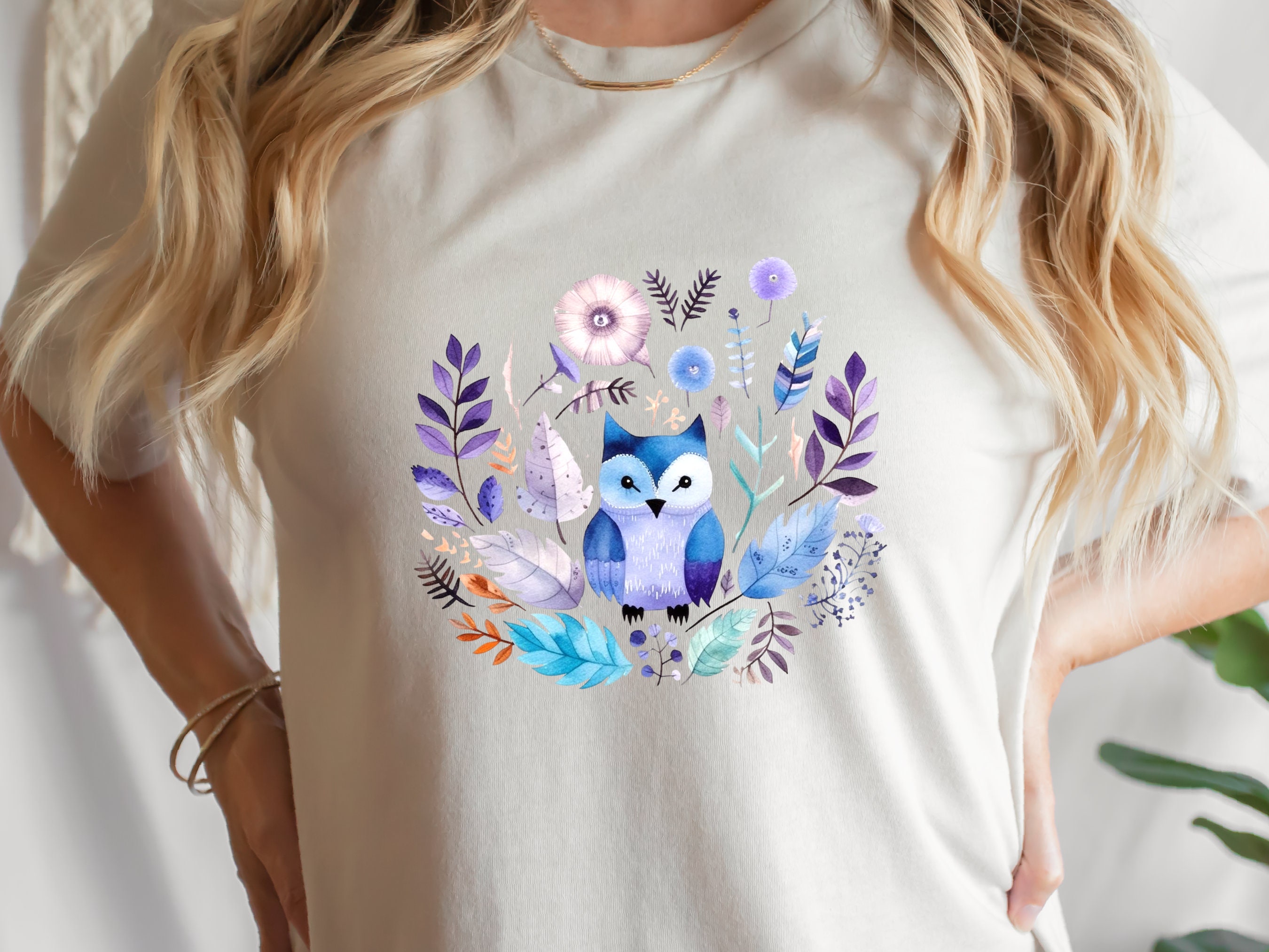 Cute Owl Shirt Enchanted Boho Owl Watercolour T-Shirt in Purple Blue Nature Lover Gift for Bird Lovers Wisdom Shirt Ornithology Tee for Her - View 5