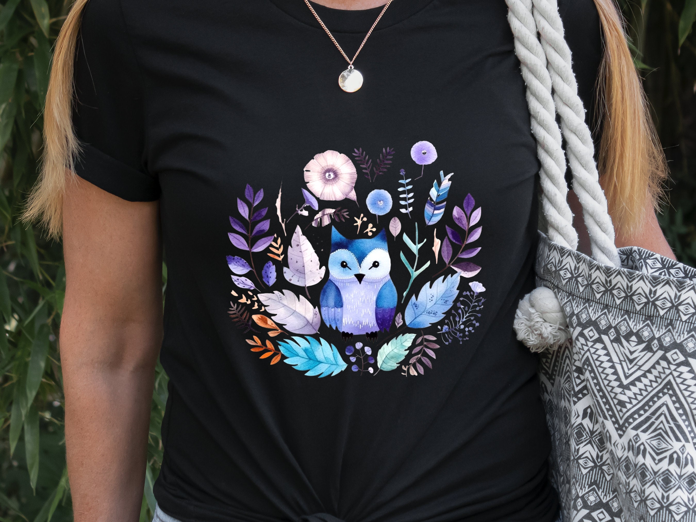 Cute Owl Shirt Enchanted Boho Owl Watercolour T-Shirt in Purple Blue Nature Lover Gift for Bird Lovers Wisdom Shirt Ornithology Tee for Her - View 8