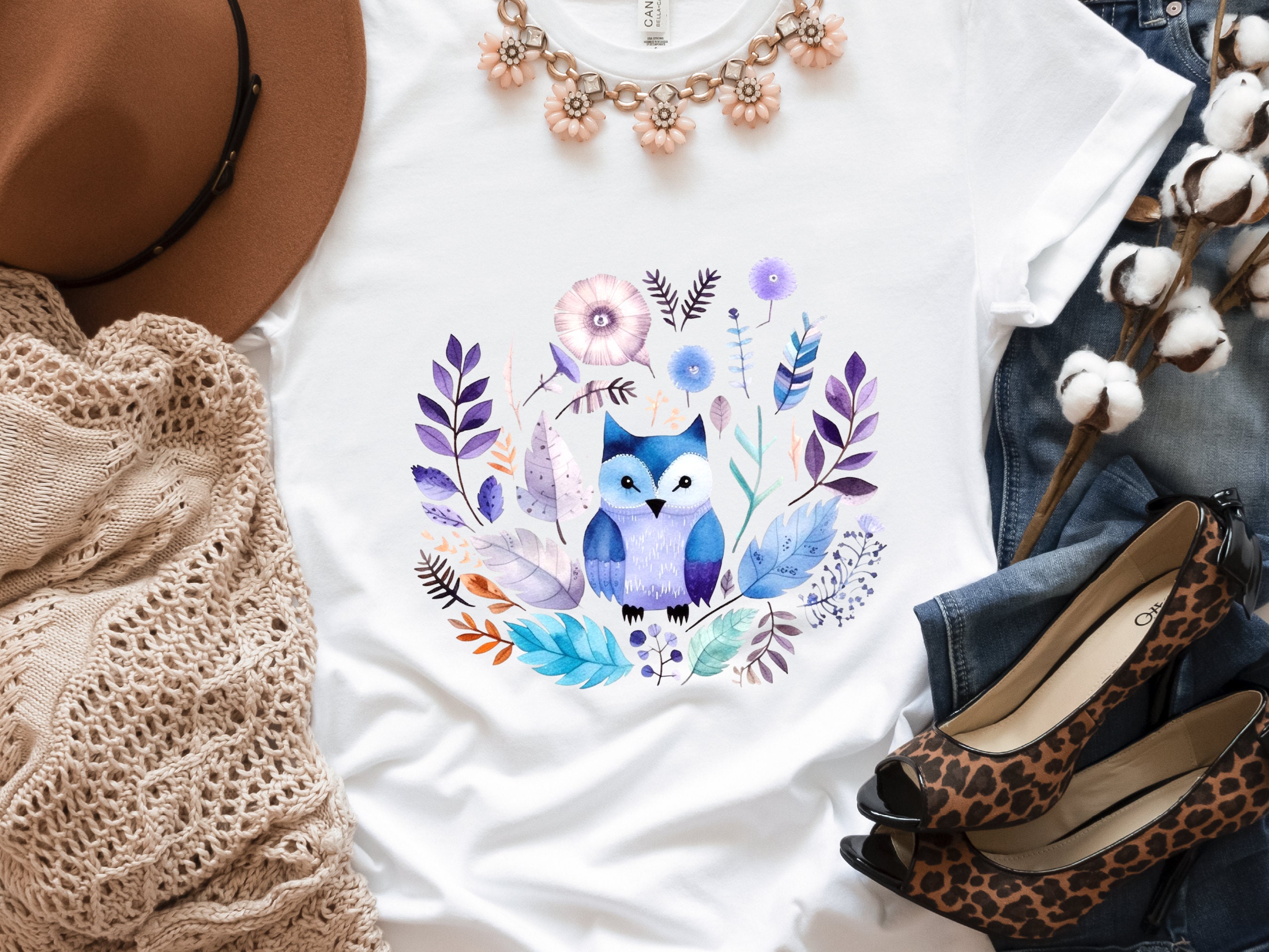 Cute Owl Shirt Enchanted Boho Owl Watercolour T-Shirt in Purple Blue Nature Lover Gift for Bird Lovers Wisdom Shirt Ornithology Tee for Her - View 7