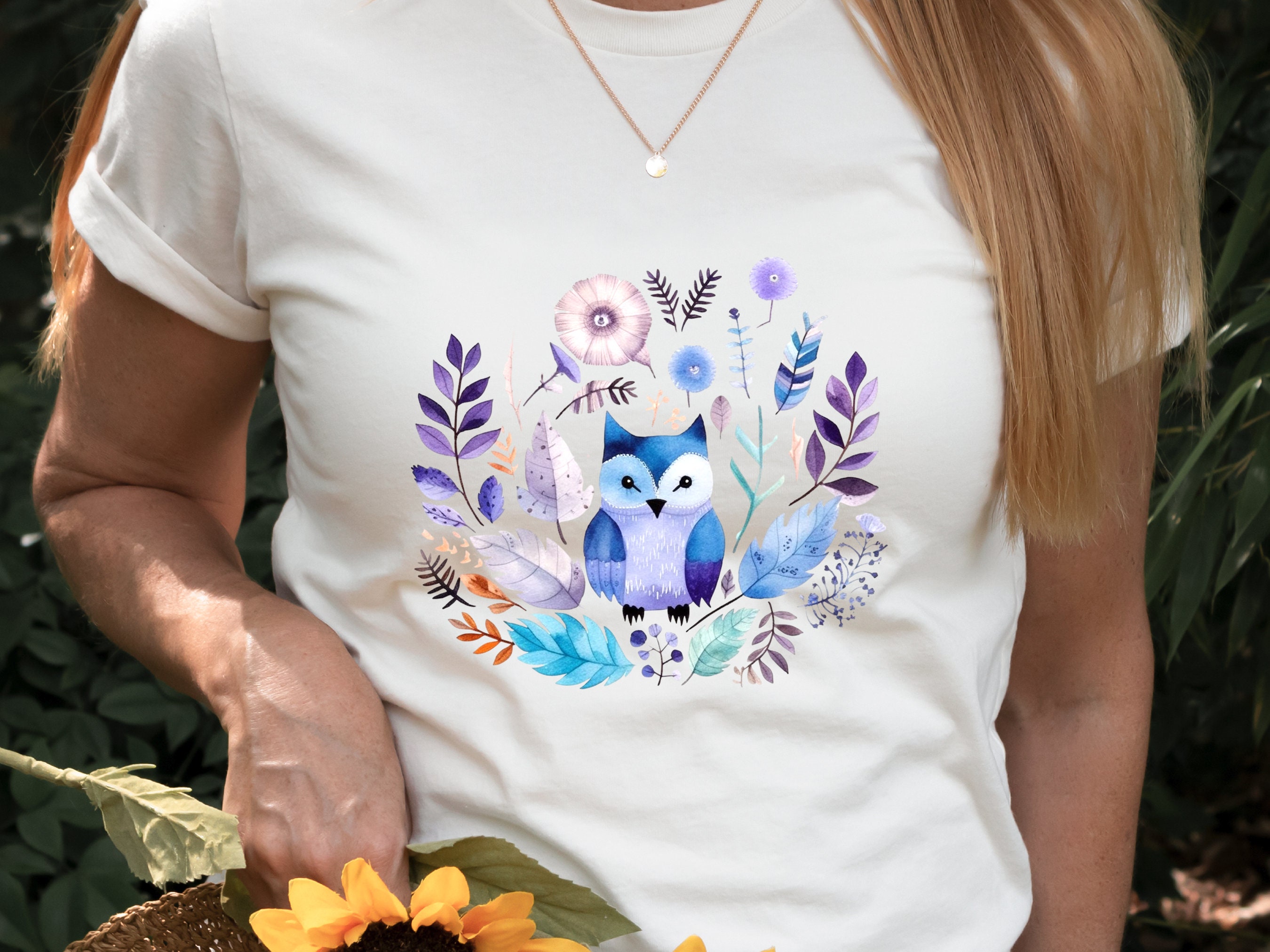 Cute Owl Shirt Enchanted Boho Owl Watercolour T-Shirt in Purple Blue Nature Lover Gift for Bird Lovers Wisdom Shirt Ornithology Tee for Her - View 3