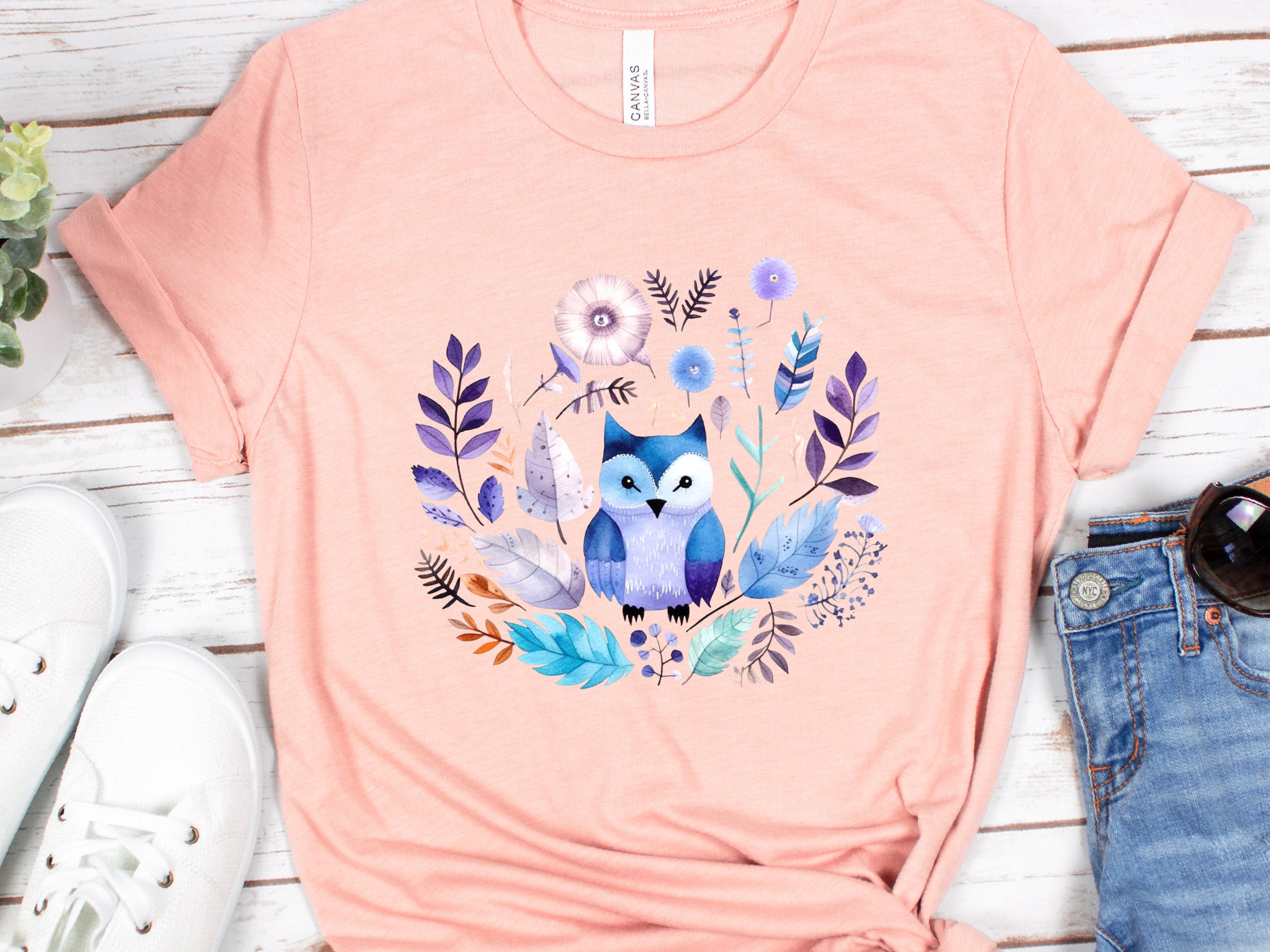 Cute Owl Shirt Enchanted Boho Owl Watercolour T-Shirt in Purple Blue Nature Lover Gift for Bird Lovers Wisdom Shirt Ornithology Tee for Her