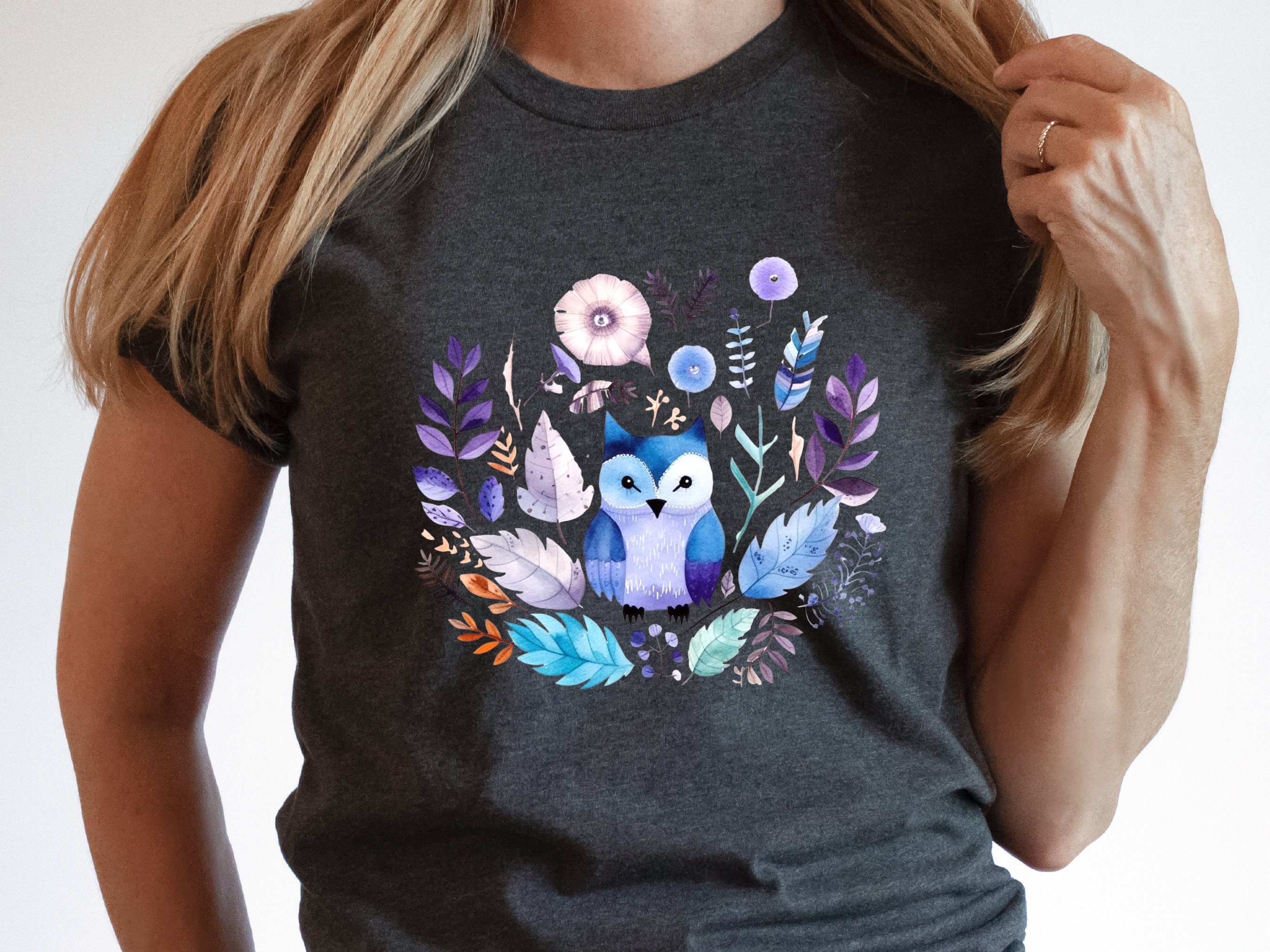 Cute Owl Shirt Enchanted Boho Owl Watercolour T-Shirt in Purple Blue Nature Lover Gift for Bird Lovers Wisdom Shirt Ornithology Tee for Her - View 2