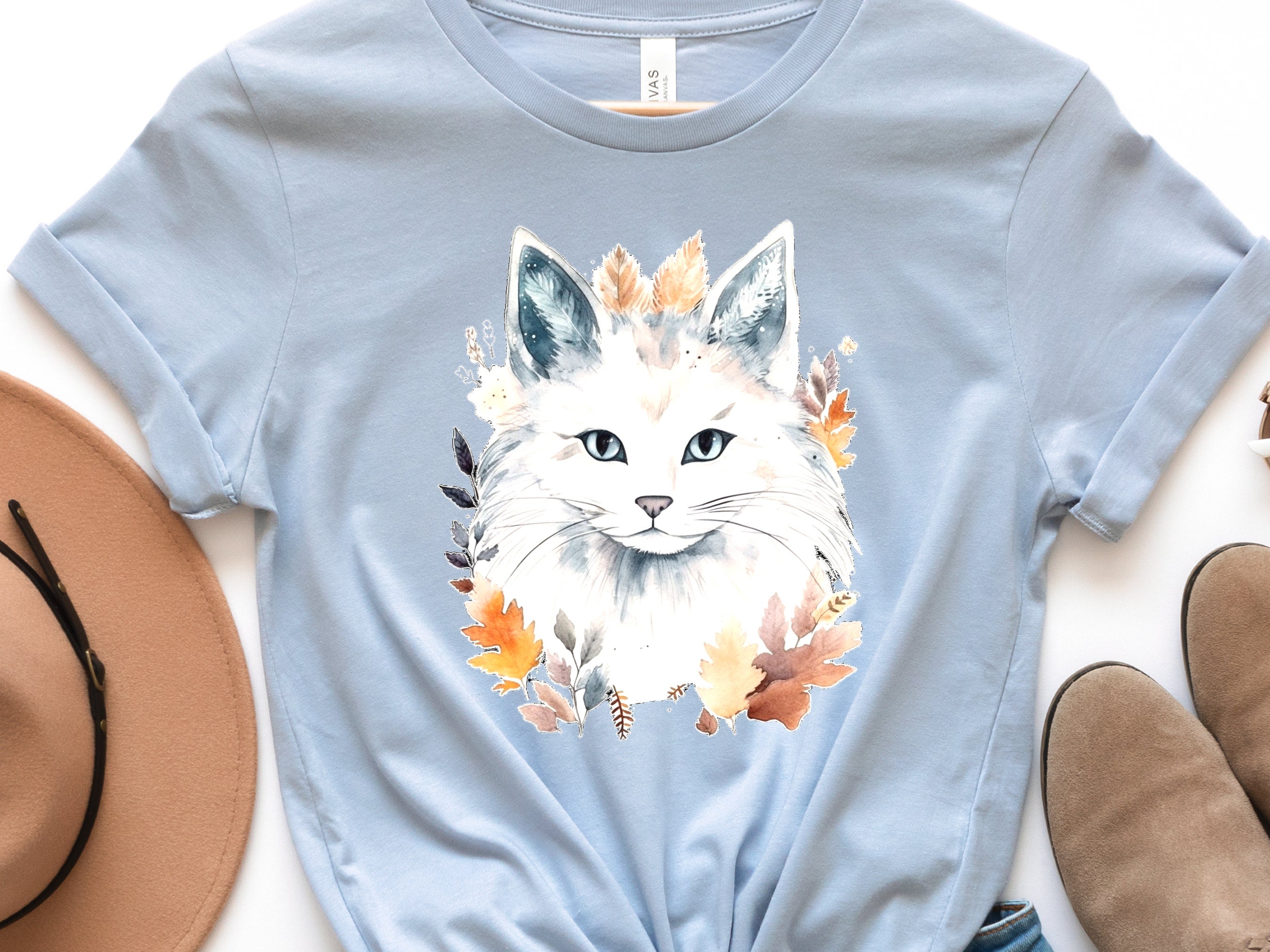 Cat Lover Shirt Birthday Gift for Cat Mom Crazy Cat Lady White Long Haired  with Autumn Leaves Autumnal Colours Fall Fashion Sustainable Tee