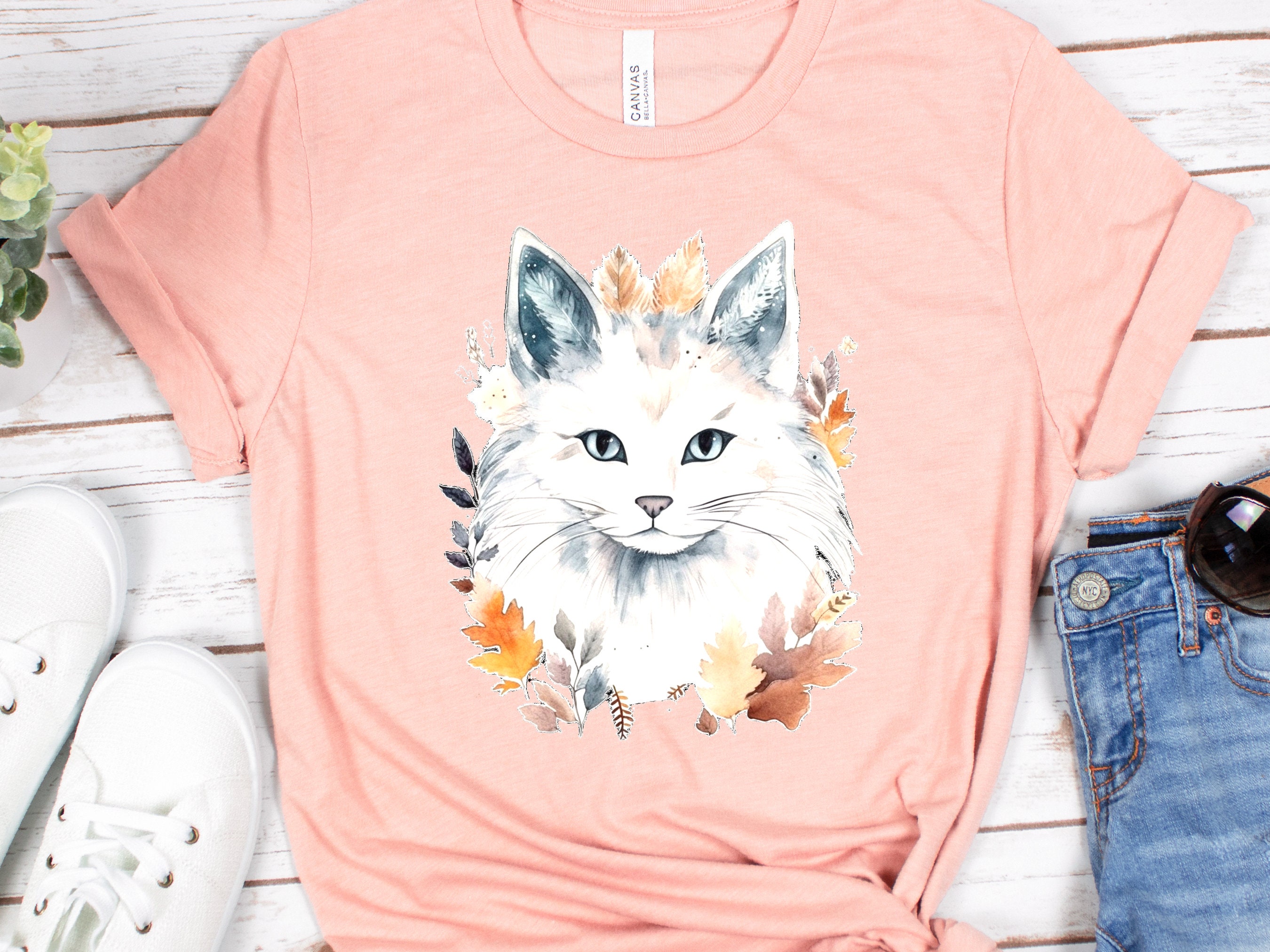 Cat Lover Shirt Birthday Gift for Cat Mom Crazy Cat Lady White Long Haired  with Autumn Leaves Autumnal Colours Fall Fashion Sustainable Tee - View 2