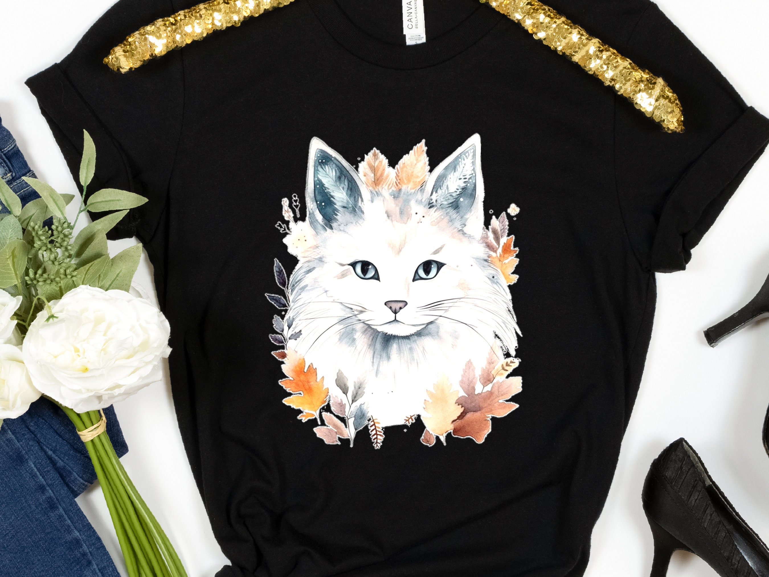 Cat Lover Shirt Birthday Gift for Cat Mom Crazy Cat Lady White Long Haired  with Autumn Leaves Autumnal Colours Fall Fashion Sustainable Tee - View 3