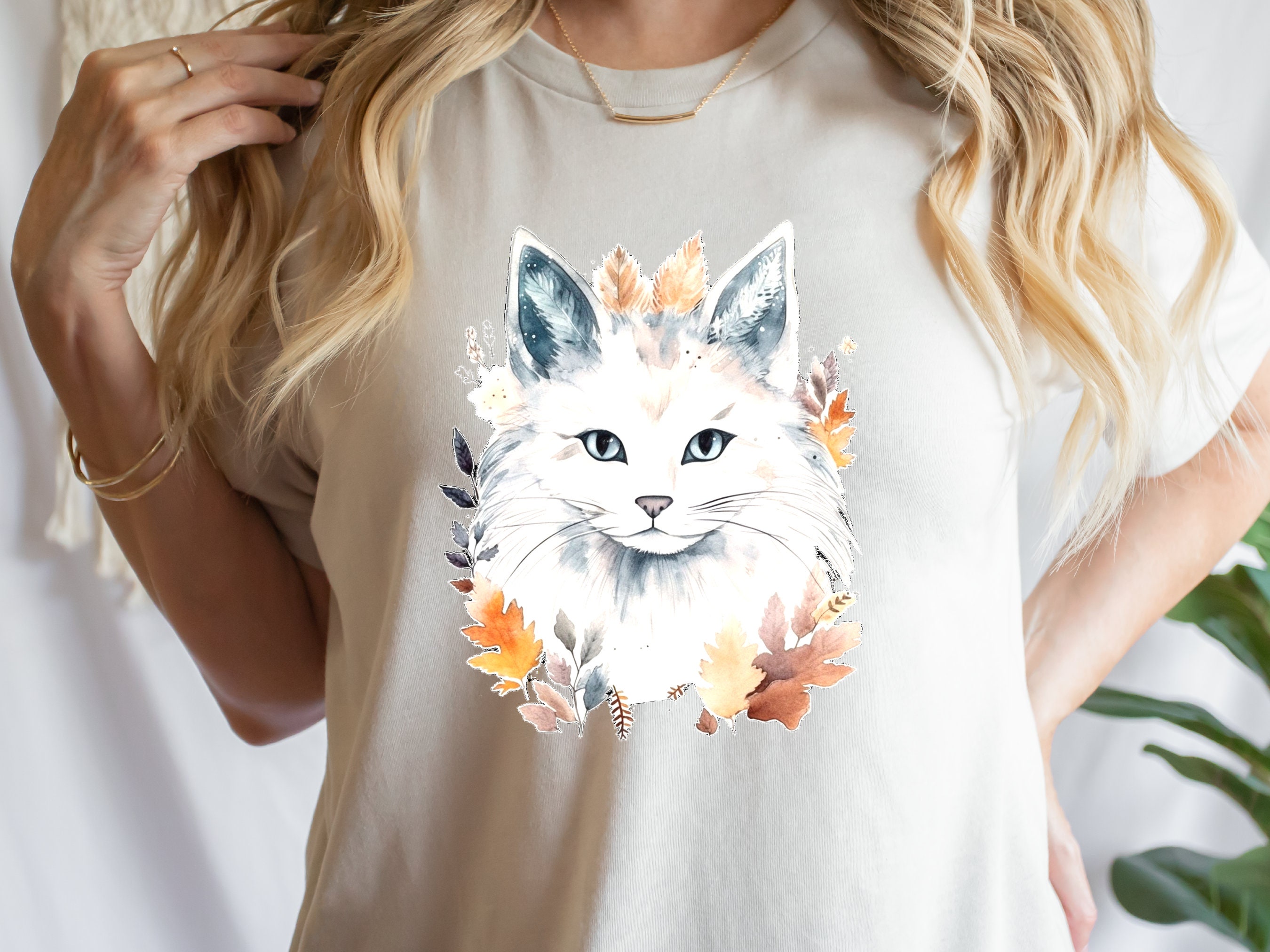 Cat Lover Shirt Birthday Gift for Cat Mom Crazy Cat Lady White Long Haired  with Autumn Leaves Autumnal Colours Fall Fashion Sustainable Tee - View 4