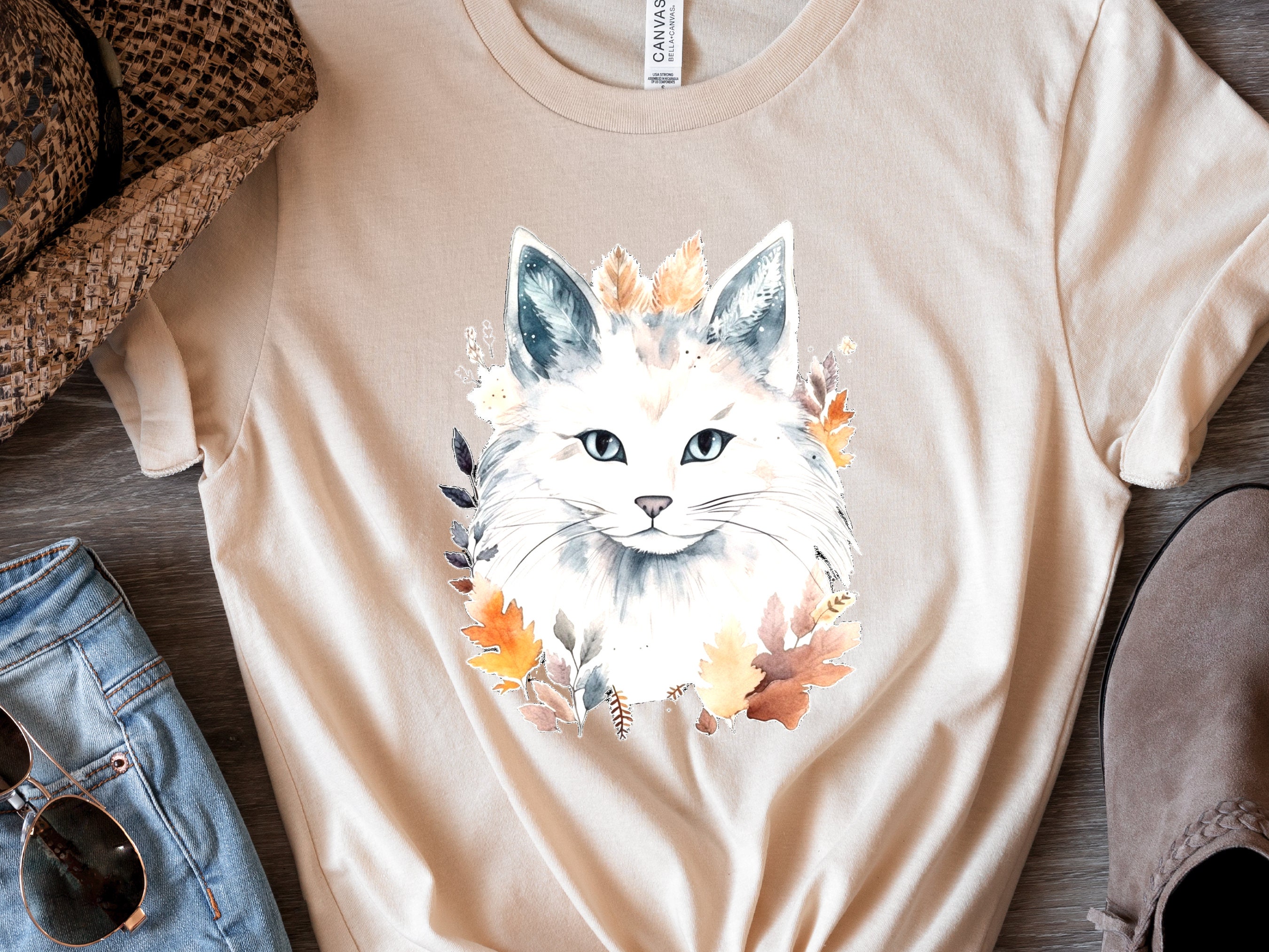 Cat Lover Shirt Birthday Gift for Cat Mom Crazy Cat Lady White Long Haired  with Autumn Leaves Autumnal Colours Fall Fashion Sustainable Tee - View 5