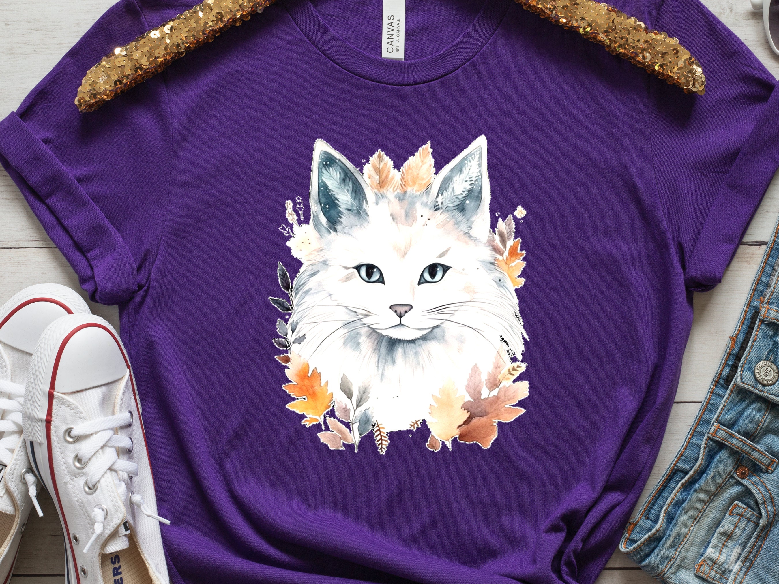 Cat Lover Shirt Birthday Gift for Cat Mom Crazy Cat Lady White Long Haired  with Autumn Leaves Autumnal Colours Fall Fashion Sustainable Tee - View 6