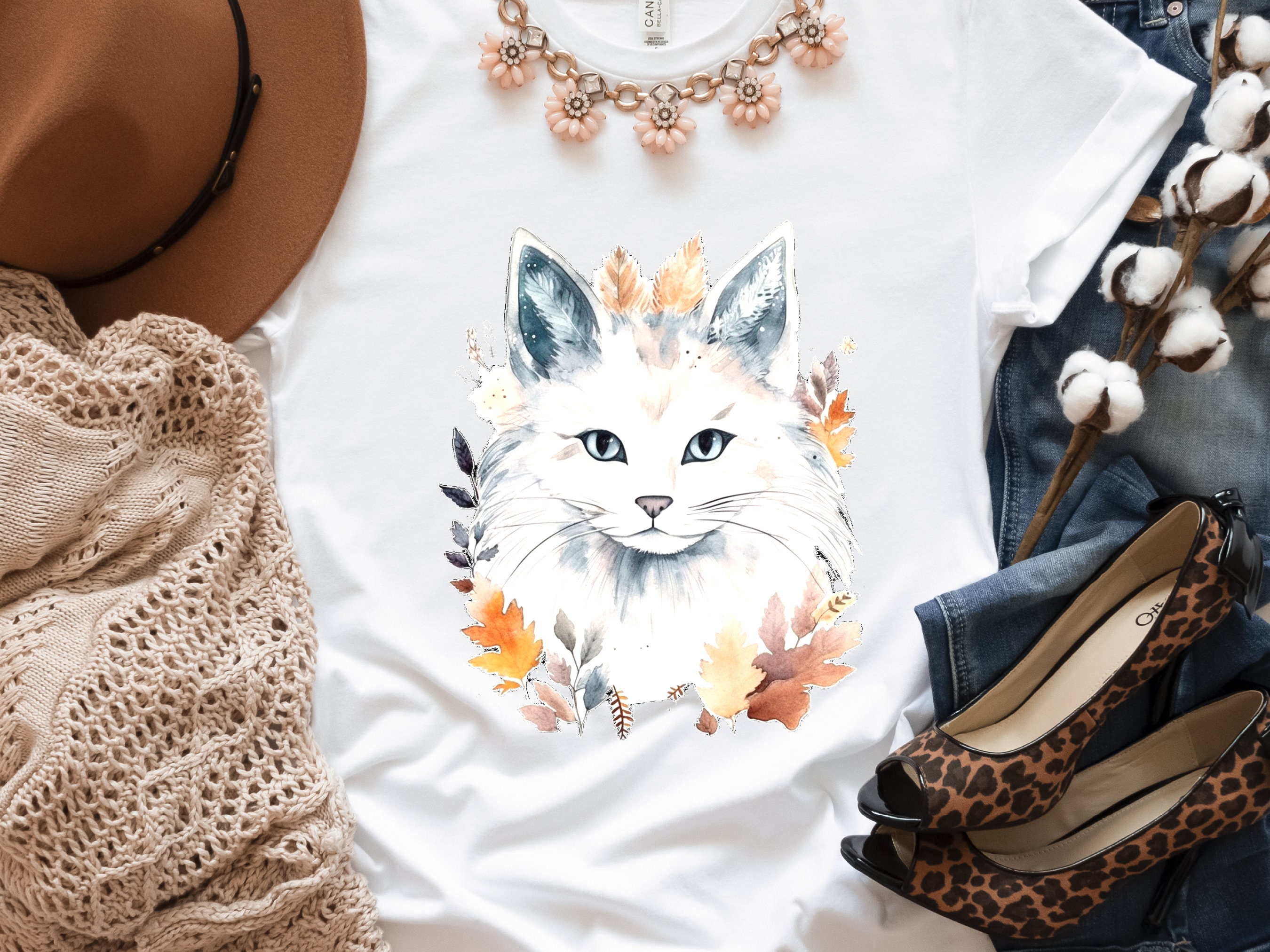 Cat Lover Shirt Birthday Gift for Cat Mom Crazy Cat Lady White Long Haired  with Autumn Leaves Autumnal Colours Fall Fashion Sustainable Tee - View 7