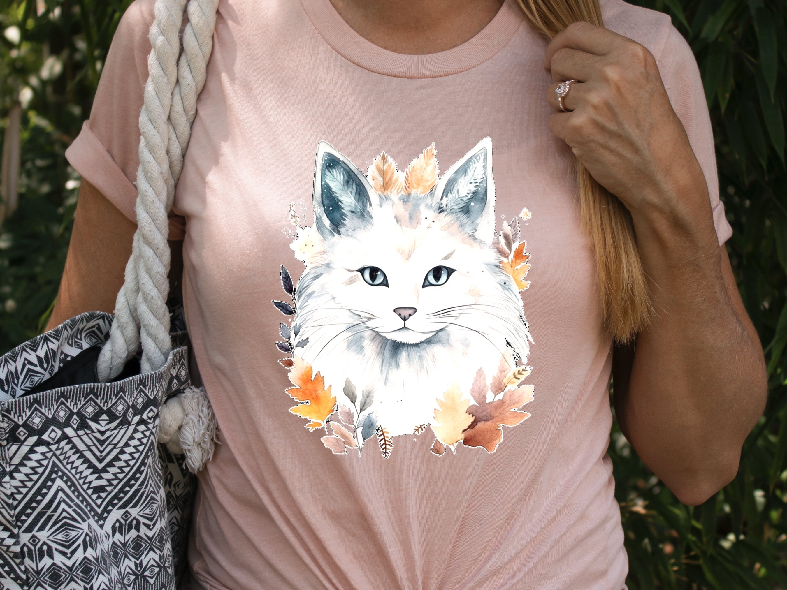 Cat Lover Shirt Birthday Gift for Cat Mom Crazy Cat Lady White Long Haired  with Autumn Leaves Autumnal Colours Fall Fashion Sustainable Tee - View 8