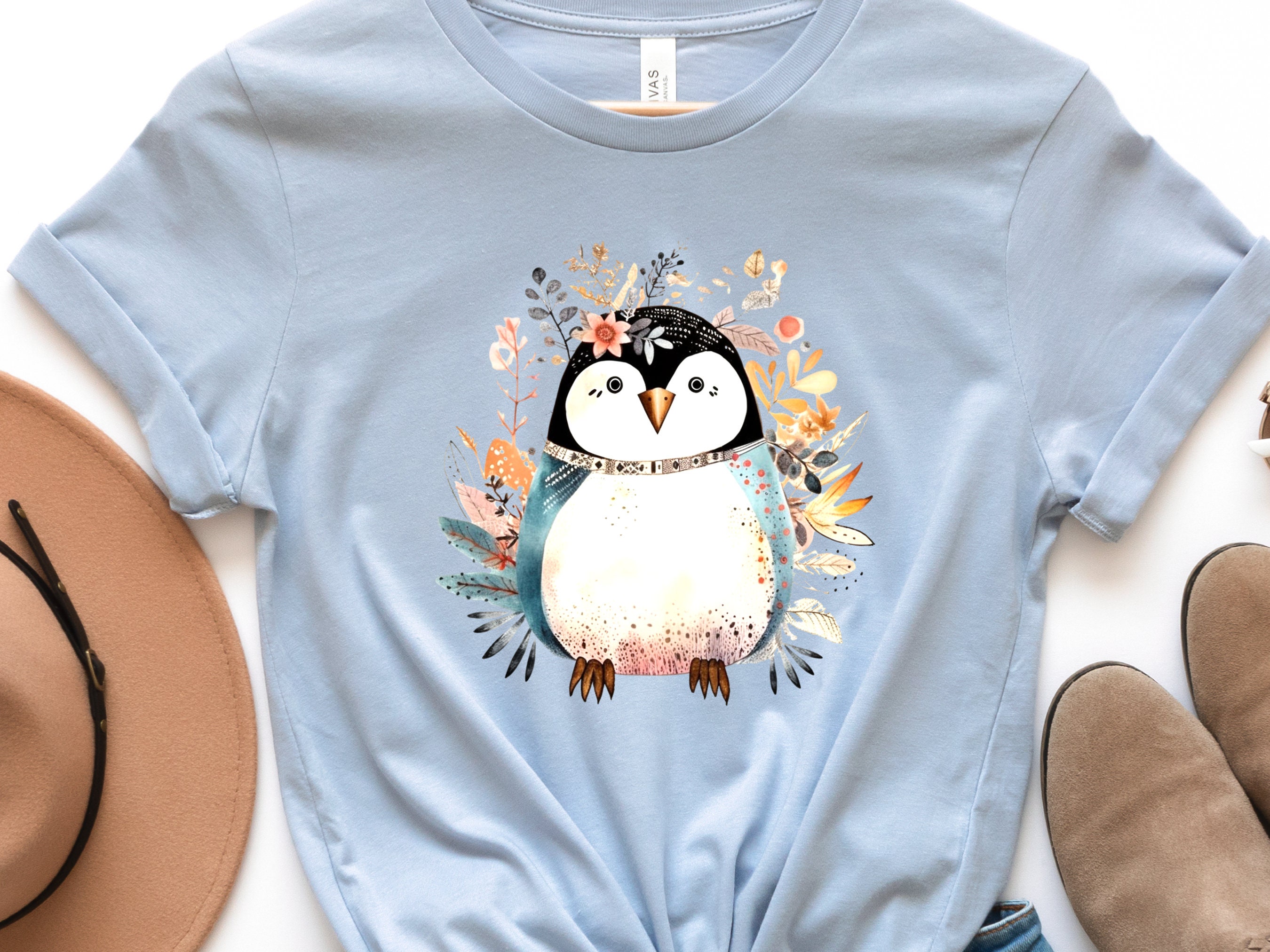 Penguin Shirt Floral Illustration Blue Pink T-shirt Penguin Lovers Gift Boho Nature Shirt for Her Cute Summer Winter Adorable Graphic Tee