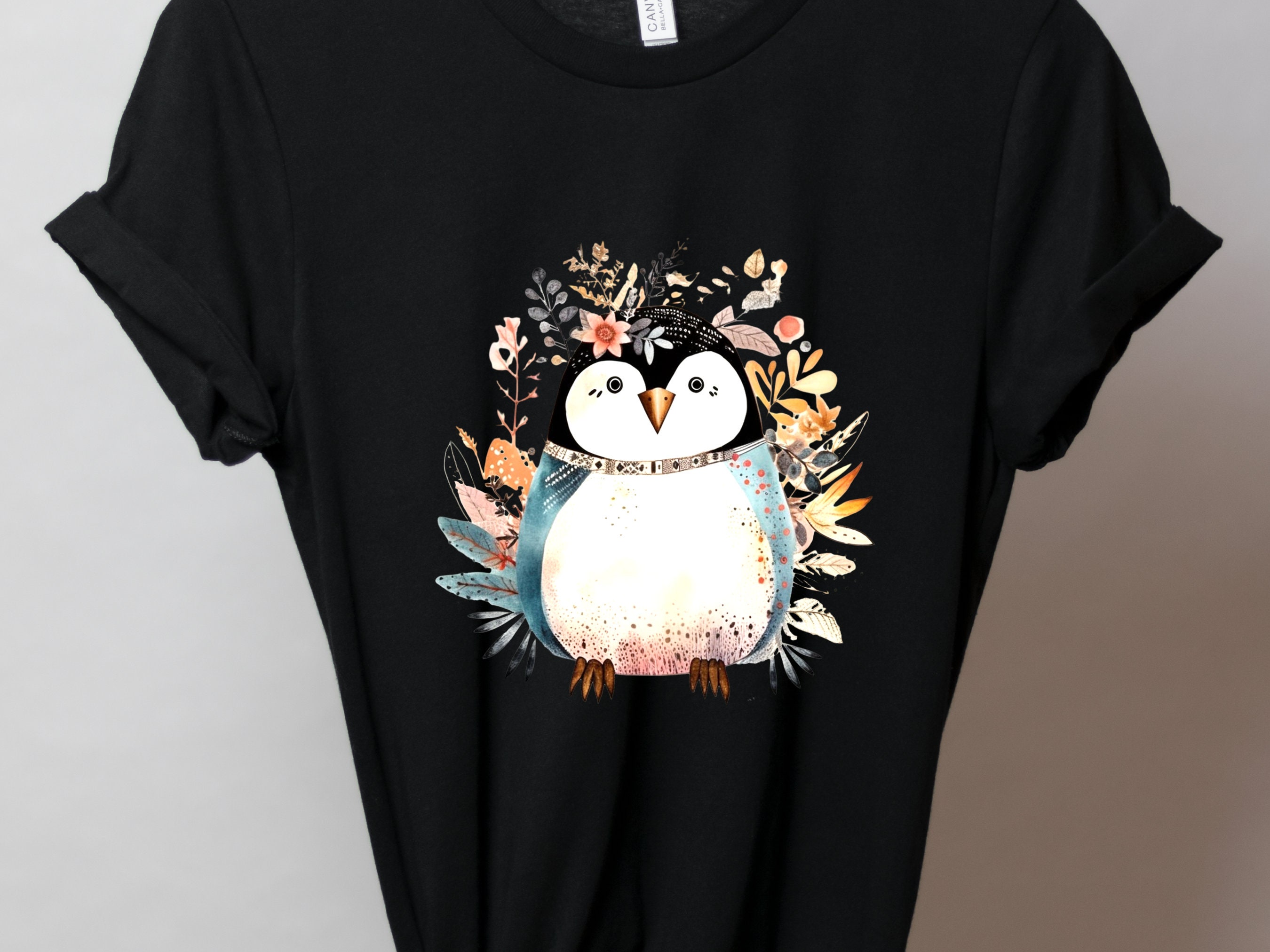 Penguin Shirt Floral Illustration Blue Pink T-shirt Penguin Lovers Gift Boho Nature Shirt for Her Cute Summer Winter Adorable Graphic Tee - View 2