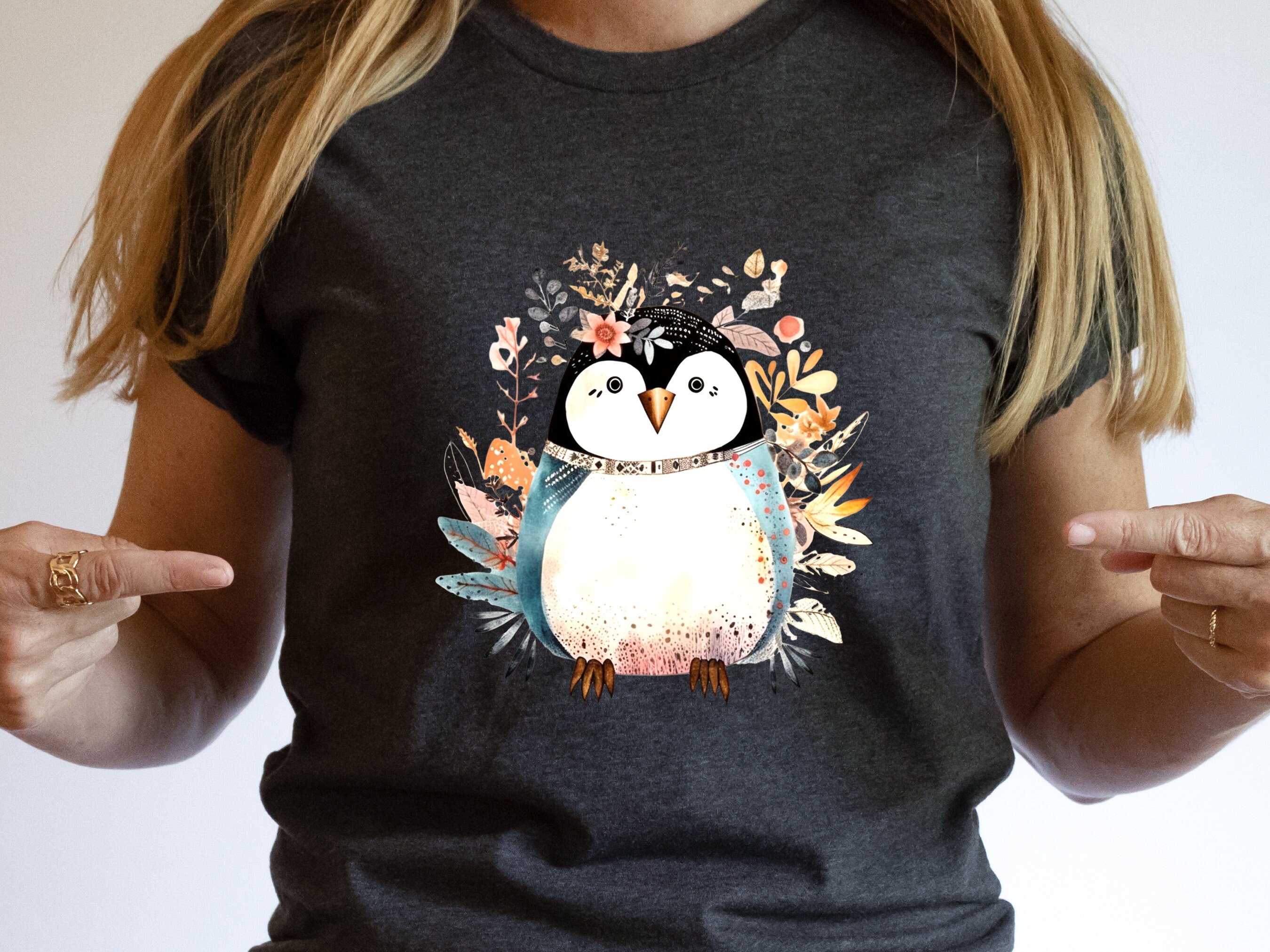 Penguin Shirt Floral Illustration Blue Pink T-shirt Penguin Lovers Gift Boho Nature Shirt for Her Cute Summer Winter Adorable Graphic Tee - View 3