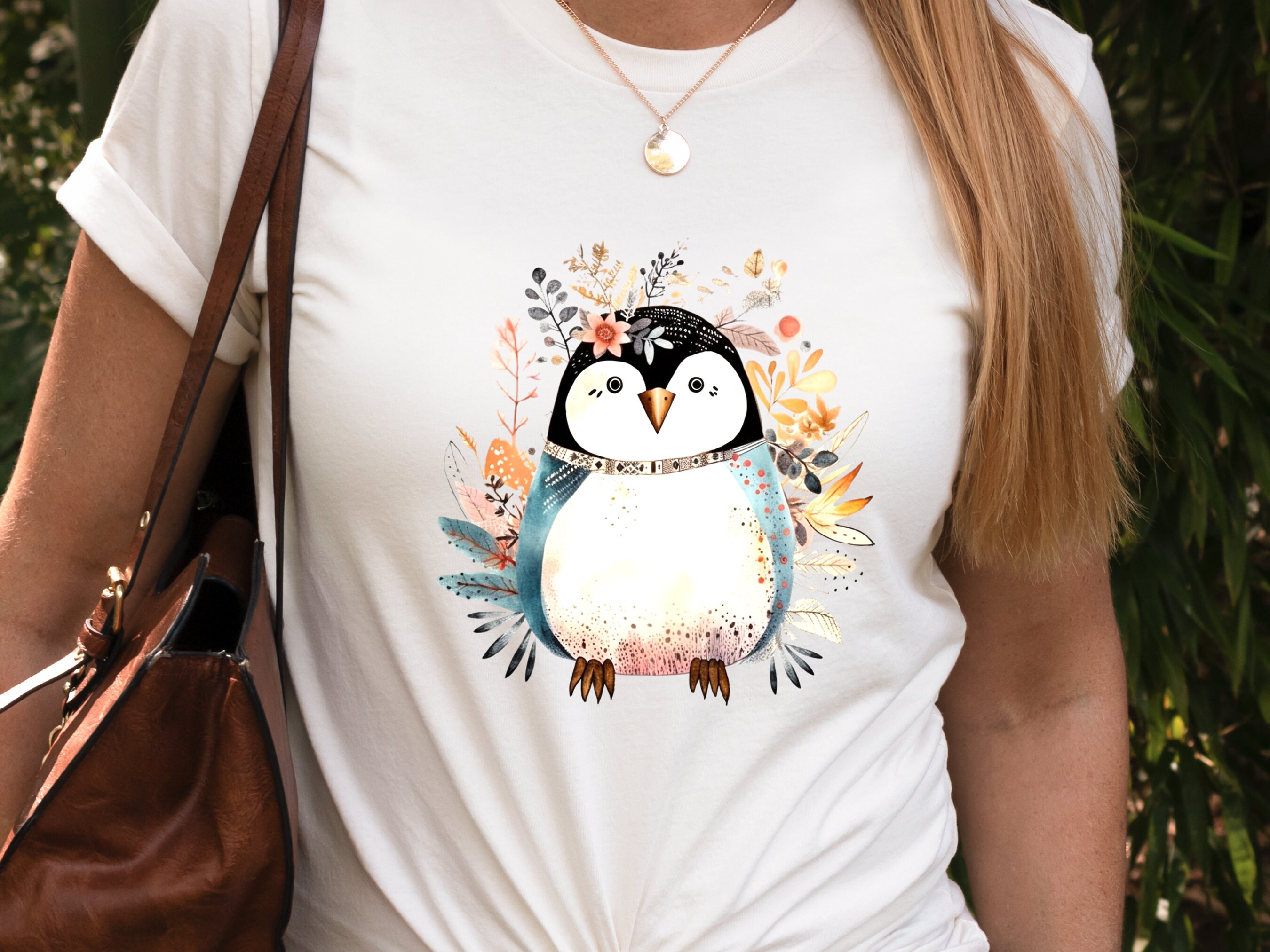 Penguin Shirt Floral Illustration Blue Pink T-shirt Penguin Lovers Gift Boho Nature Shirt for Her Cute Summer Winter Adorable Graphic Tee - View 4