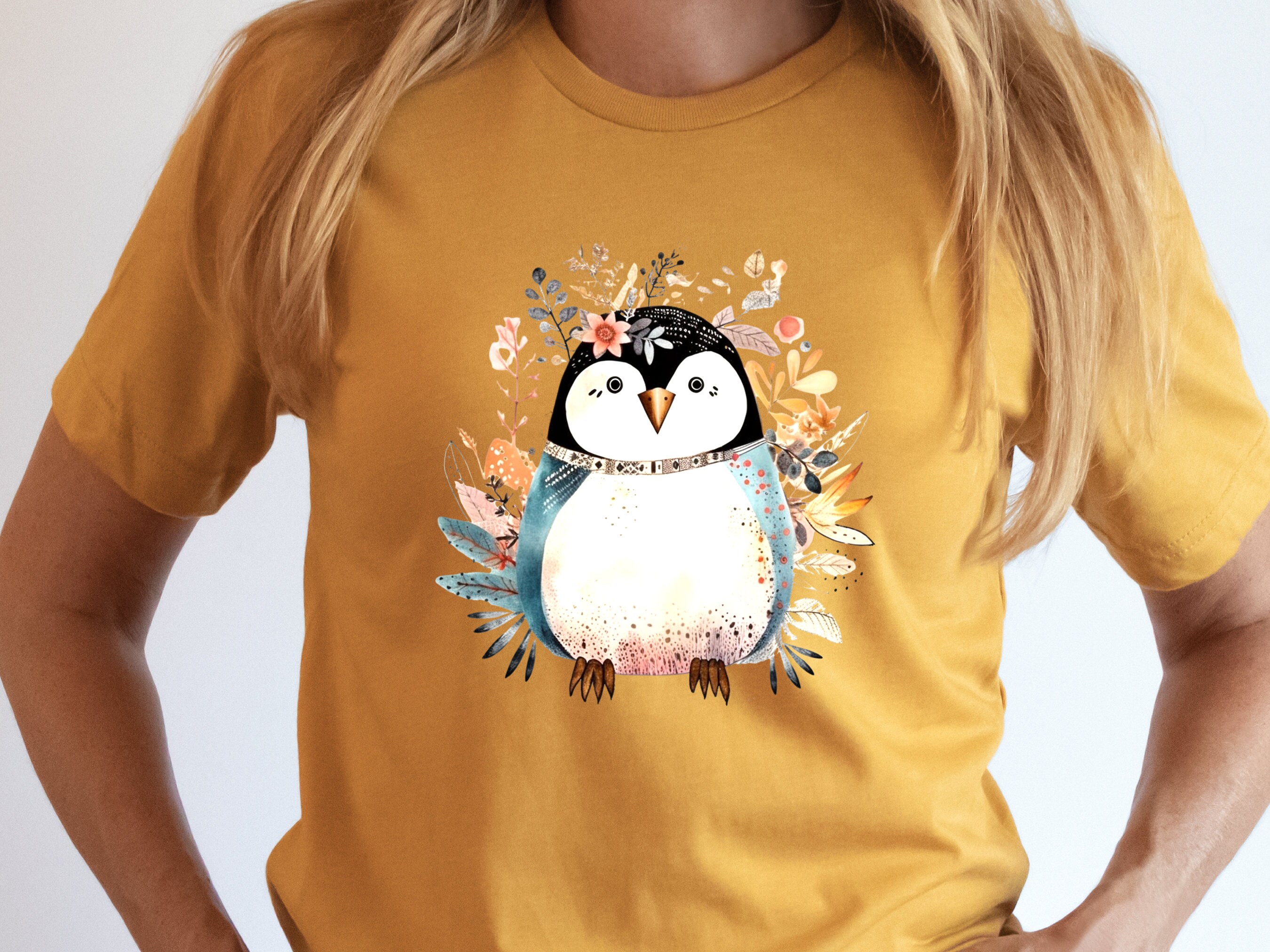 Penguin Shirt Floral Illustration Blue Pink T-shirt Penguin Lovers Gift Boho Nature Shirt for Her Cute Summer Winter Adorable Graphic Tee - View 5