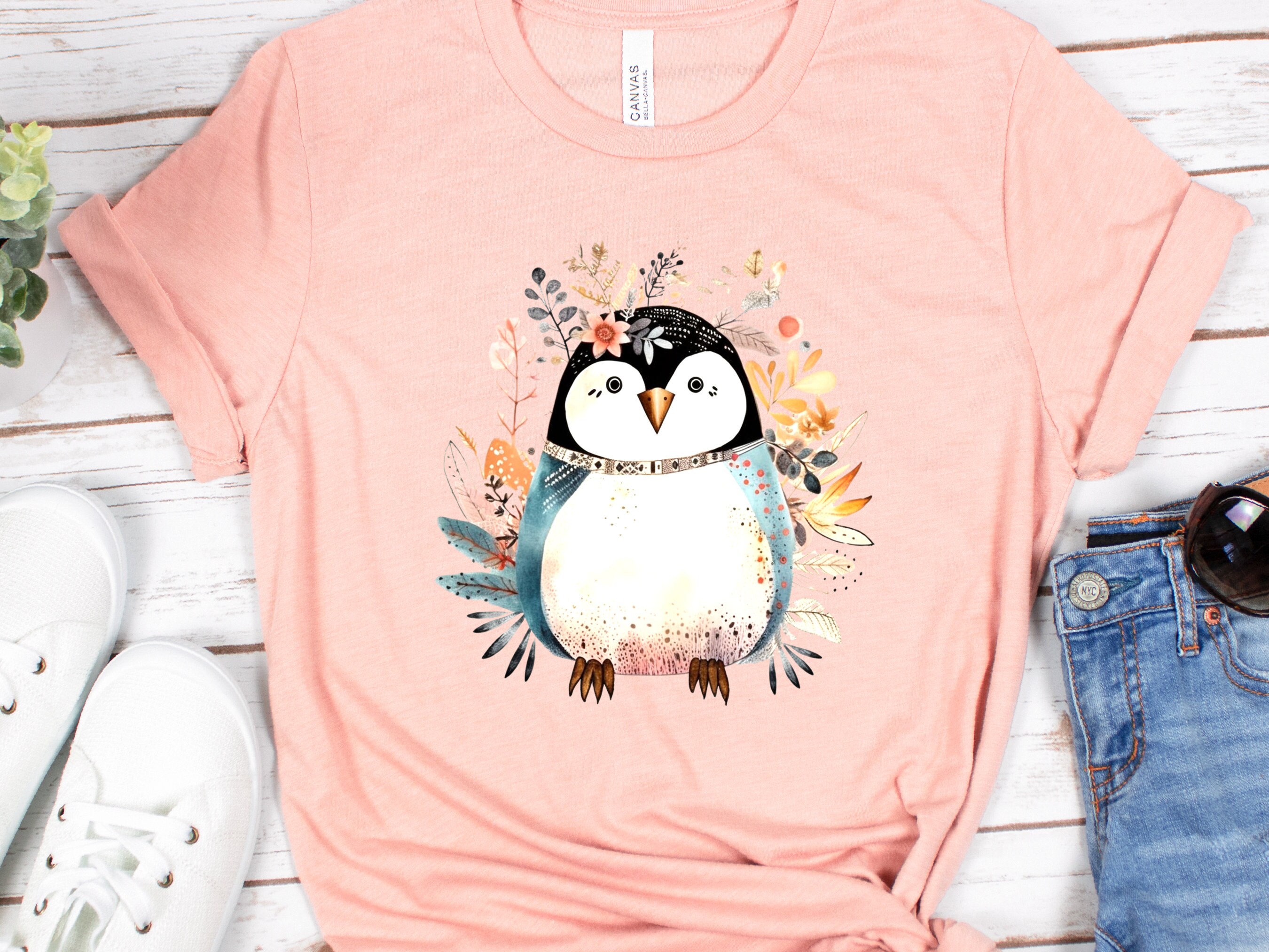 Penguin Shirt Floral Illustration Blue Pink T-shirt Penguin Lovers Gift Boho Nature Shirt for Her Cute Summer Winter Adorable Graphic Tee - View 6