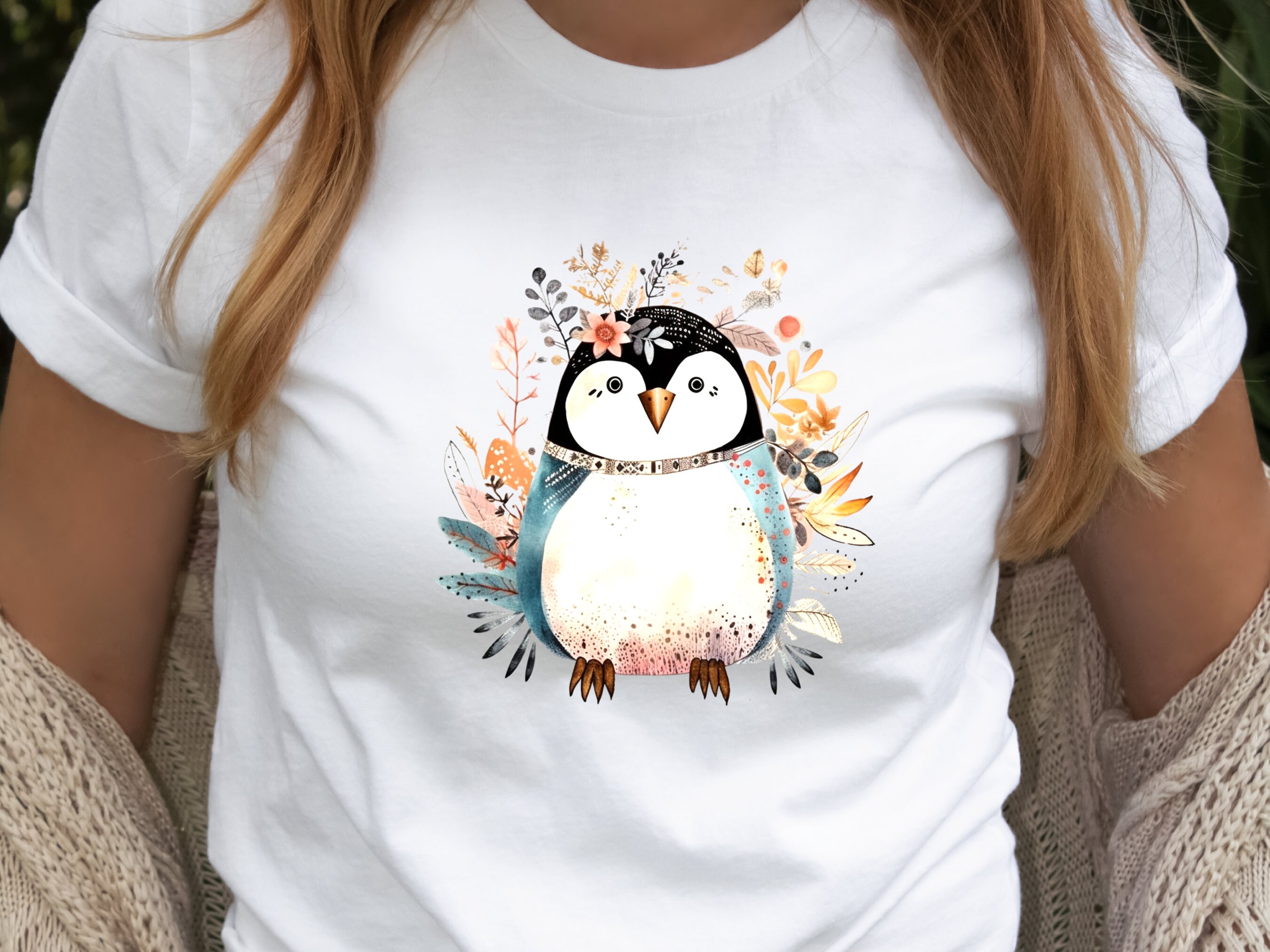 Penguin Shirt Floral Illustration Blue Pink T-shirt Penguin Lovers Gift Boho Nature Shirt for Her Cute Summer Winter Adorable Graphic Tee - View 7