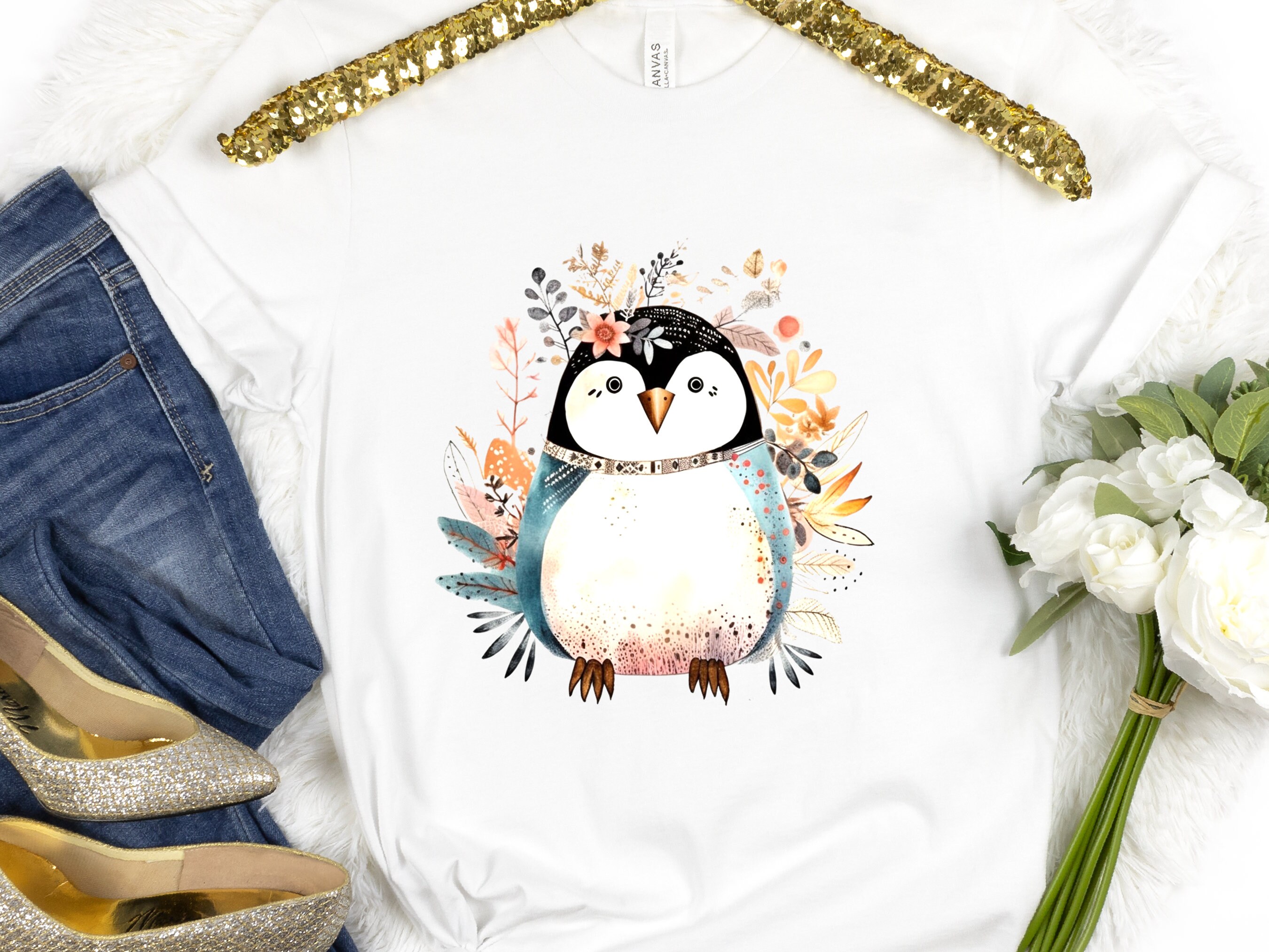 Penguin Shirt Floral Illustration Blue Pink T-shirt Penguin Lovers Gift Boho Nature Shirt for Her Cute Summer Winter Adorable Graphic Tee - View 8