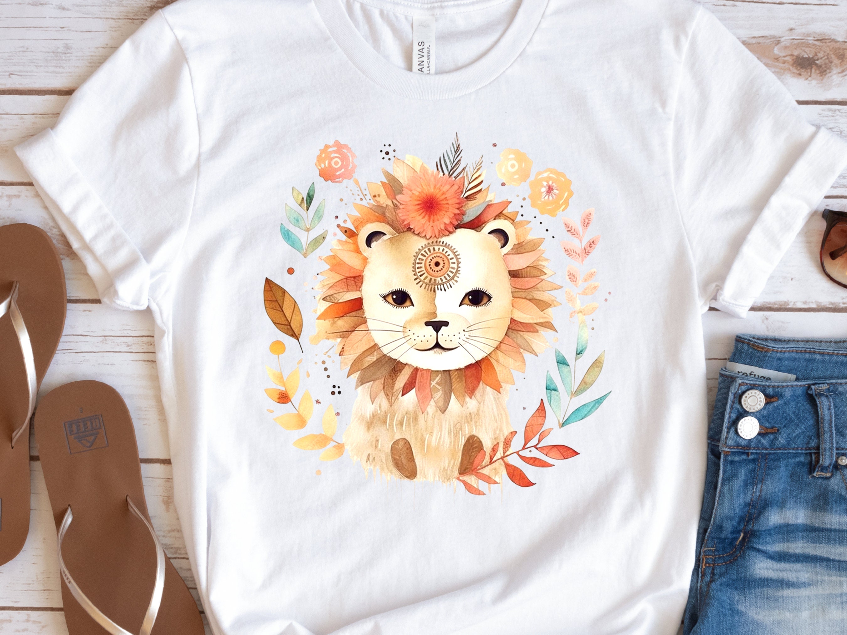 Cute Lion Shirt King of the Jungle Tshirt Exotic Animal Kingdom Safari Tee Boho Watercolour Floral Illustration Wild Fierce Big Cat Lovers