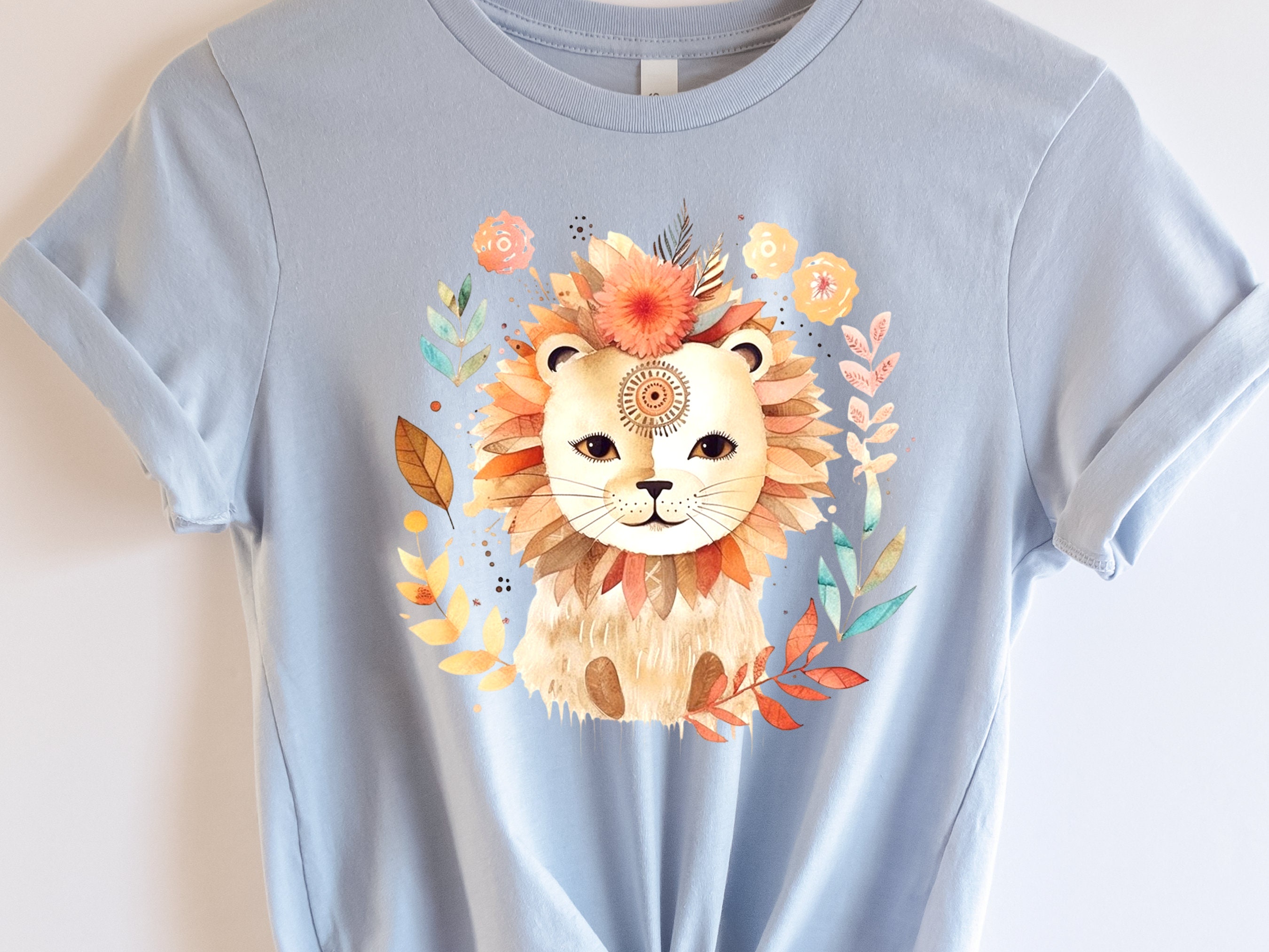 Cute Lion Shirt King of the Jungle Tshirt Exotic Animal Kingdom Safari Tee Boho Watercolour Floral Illustration Wild Fierce Big Cat Lovers - View 3