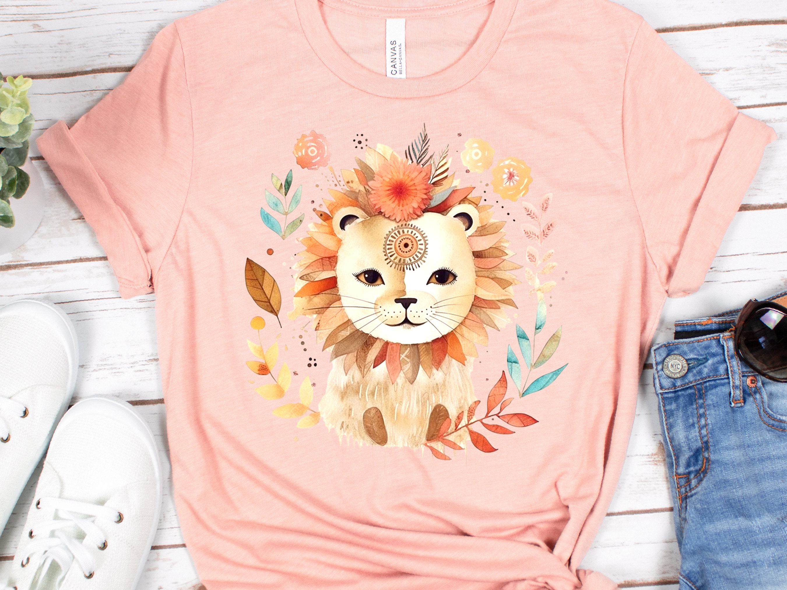 Cute Lion Shirt King of the Jungle Tshirt Exotic Animal Kingdom Safari Tee Boho Watercolour Floral Illustration Wild Fierce Big Cat Lovers - View 4