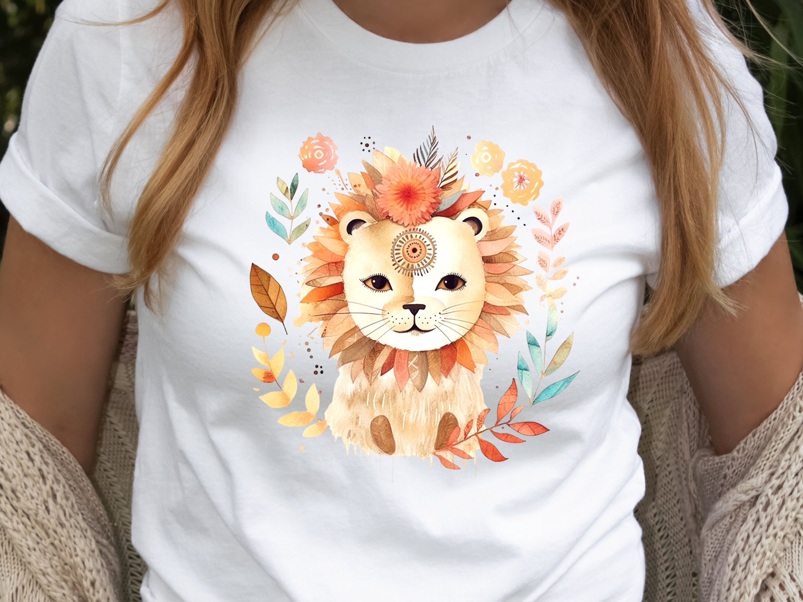 Cute Lion Shirt King of the Jungle Tshirt Exotic Animal Kingdom Safari Tee Boho Watercolour Floral Illustration Wild Fierce Big Cat Lovers - View 5