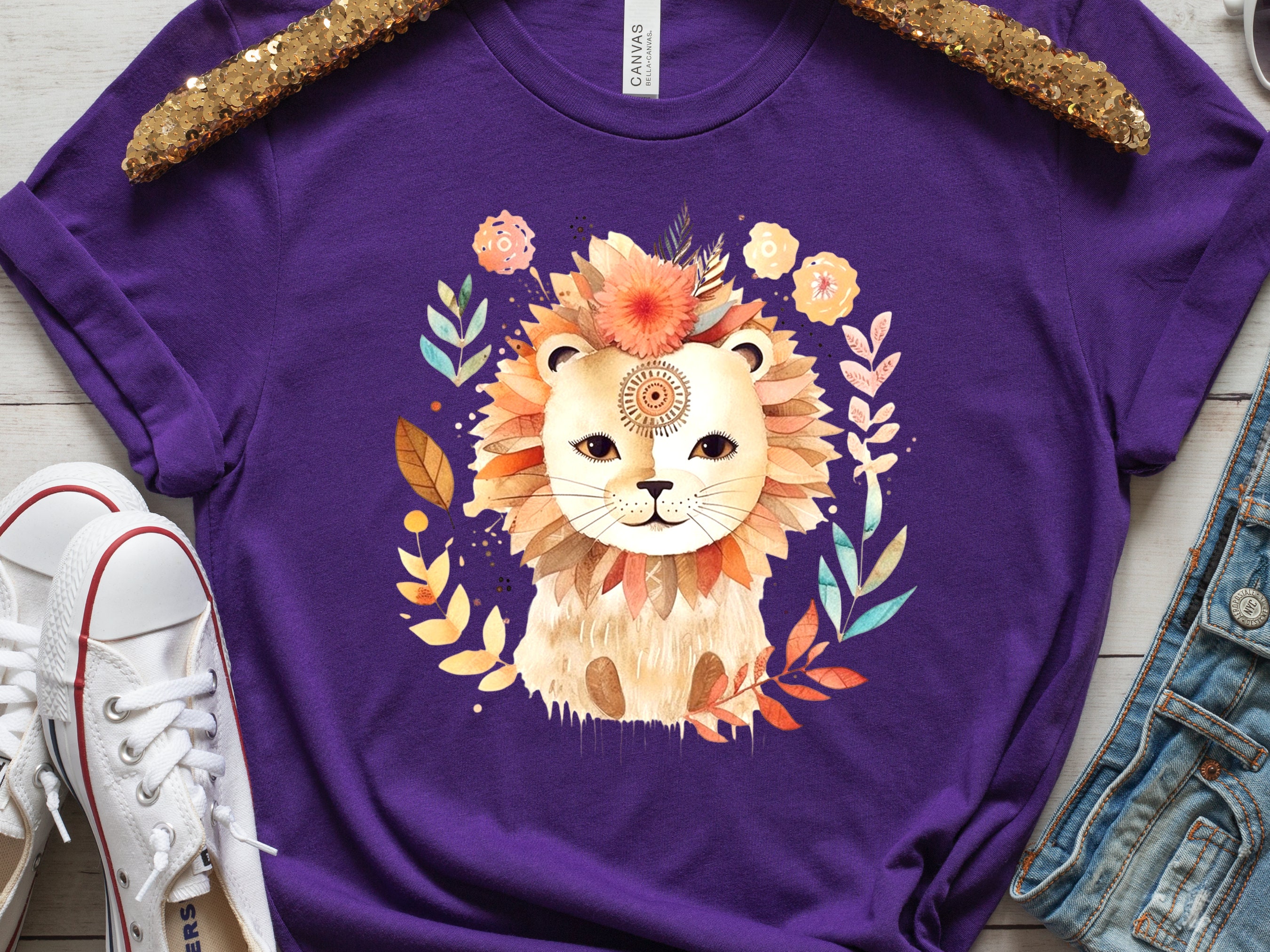 Cute Lion Shirt King of the Jungle Tshirt Exotic Animal Kingdom Safari Tee Boho Watercolour Floral Illustration Wild Fierce Big Cat Lovers - View 6