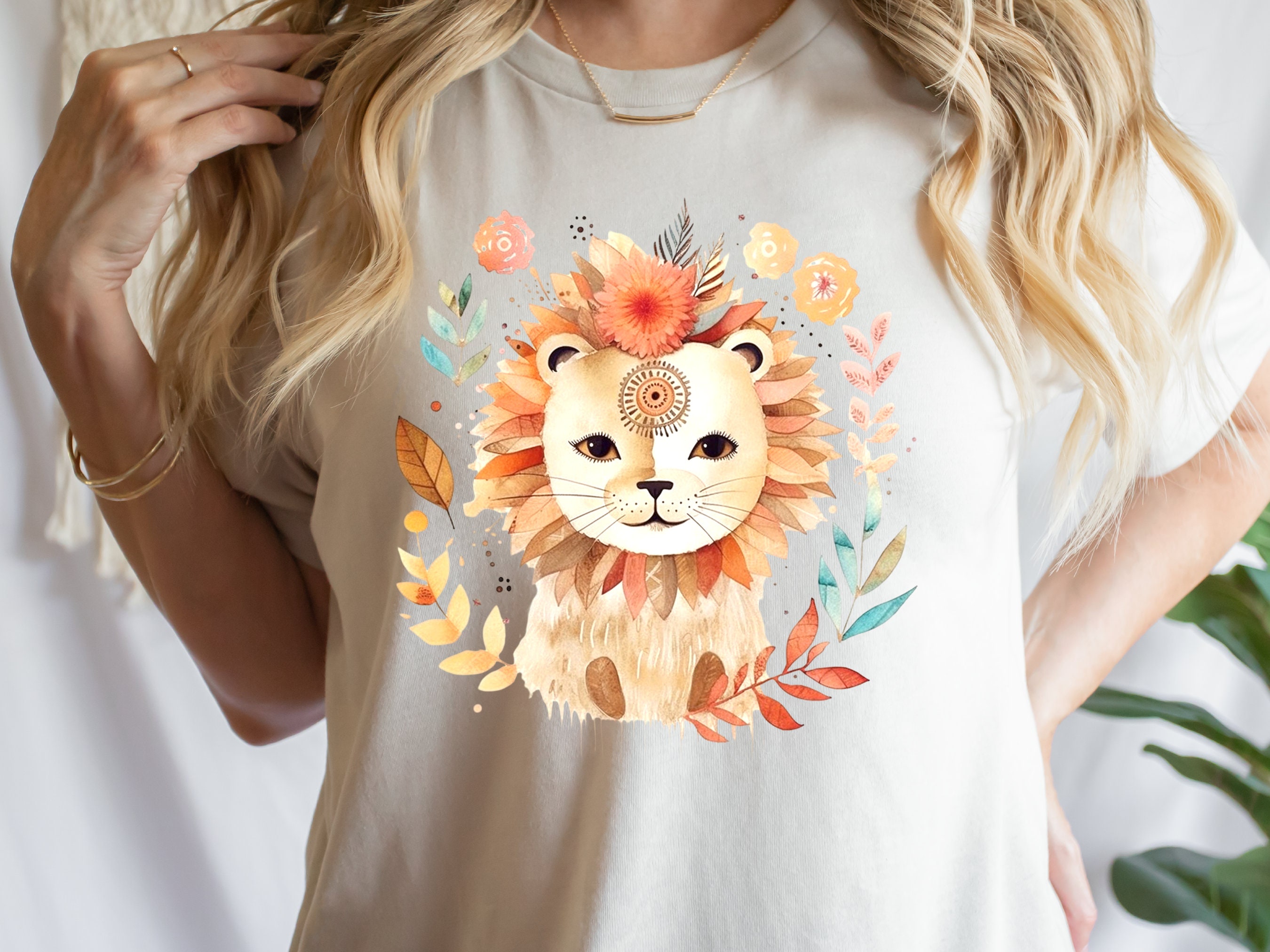 Cute Lion Shirt King of the Jungle Tshirt Exotic Animal Kingdom Safari Tee Boho Watercolour Floral Illustration Wild Fierce Big Cat Lovers - View 7