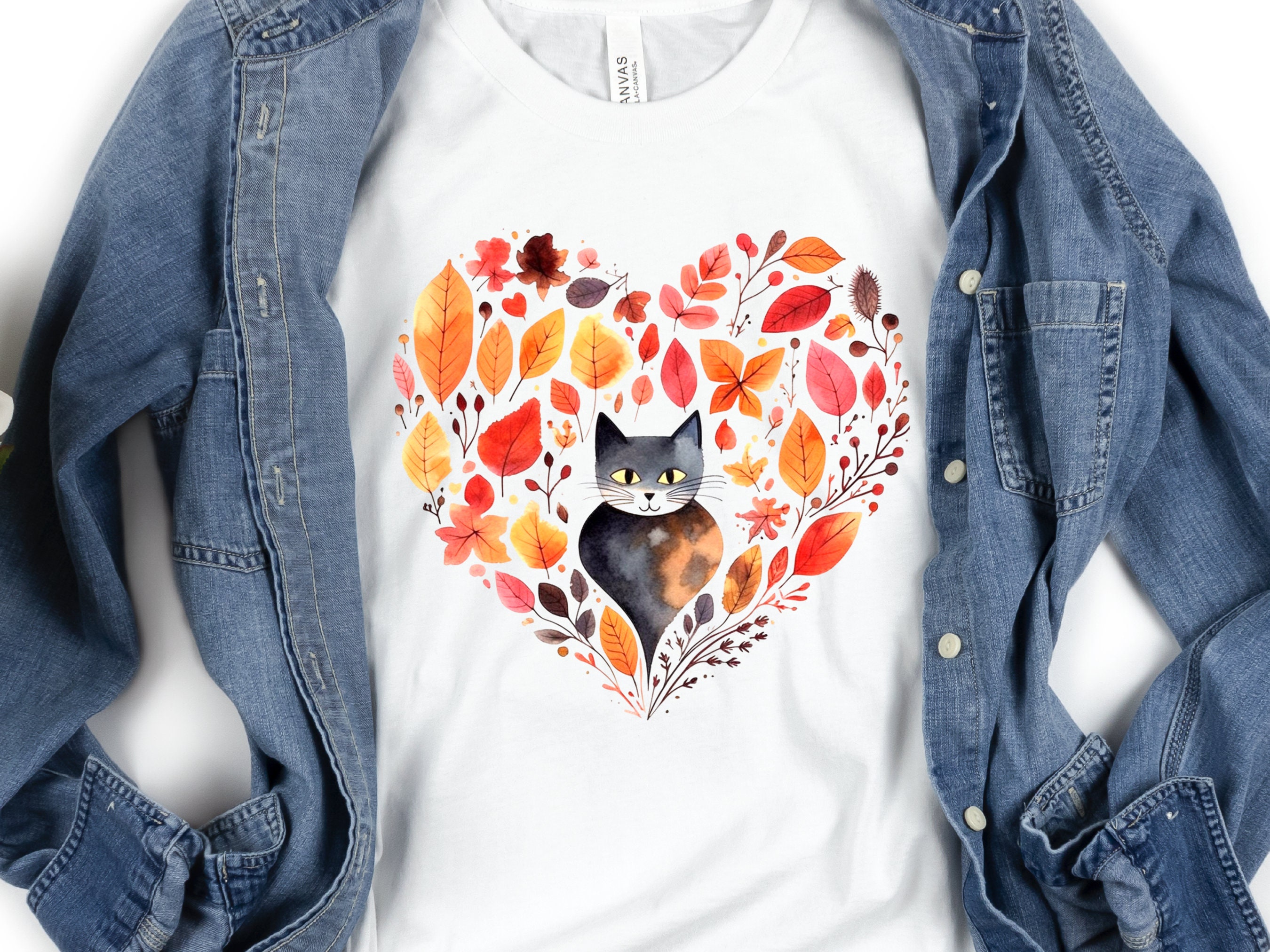 Cute Cat Lover Shirt Heart-Shaped Boho Leaves Design in Red Grey Fall Autumn Unique Shirt Nature Inspired Crazy Cat Lady Mom Gift for Her - View 2