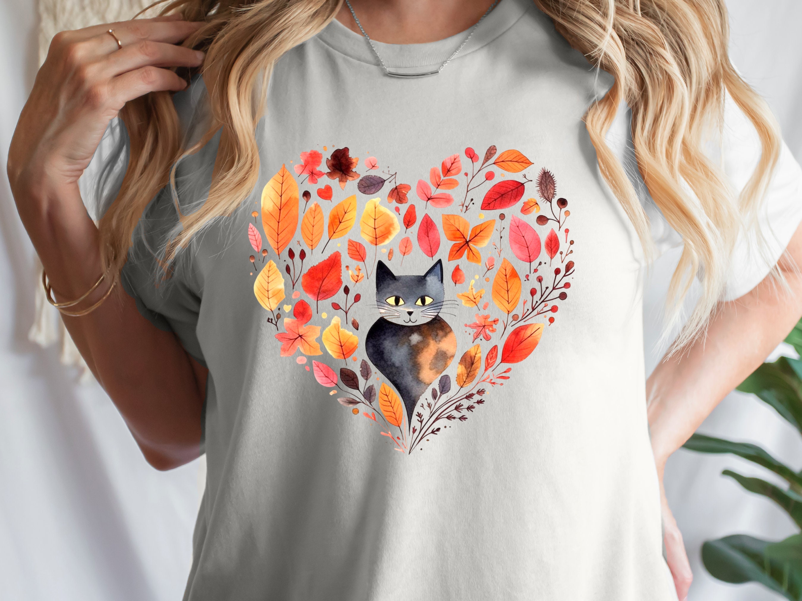 Cute Cat Lover Shirt Heart-Shaped Boho Leaves Design in Red Grey Fall Autumn Unique Shirt Nature Inspired Crazy Cat Lady Mom Gift for Her - View 3