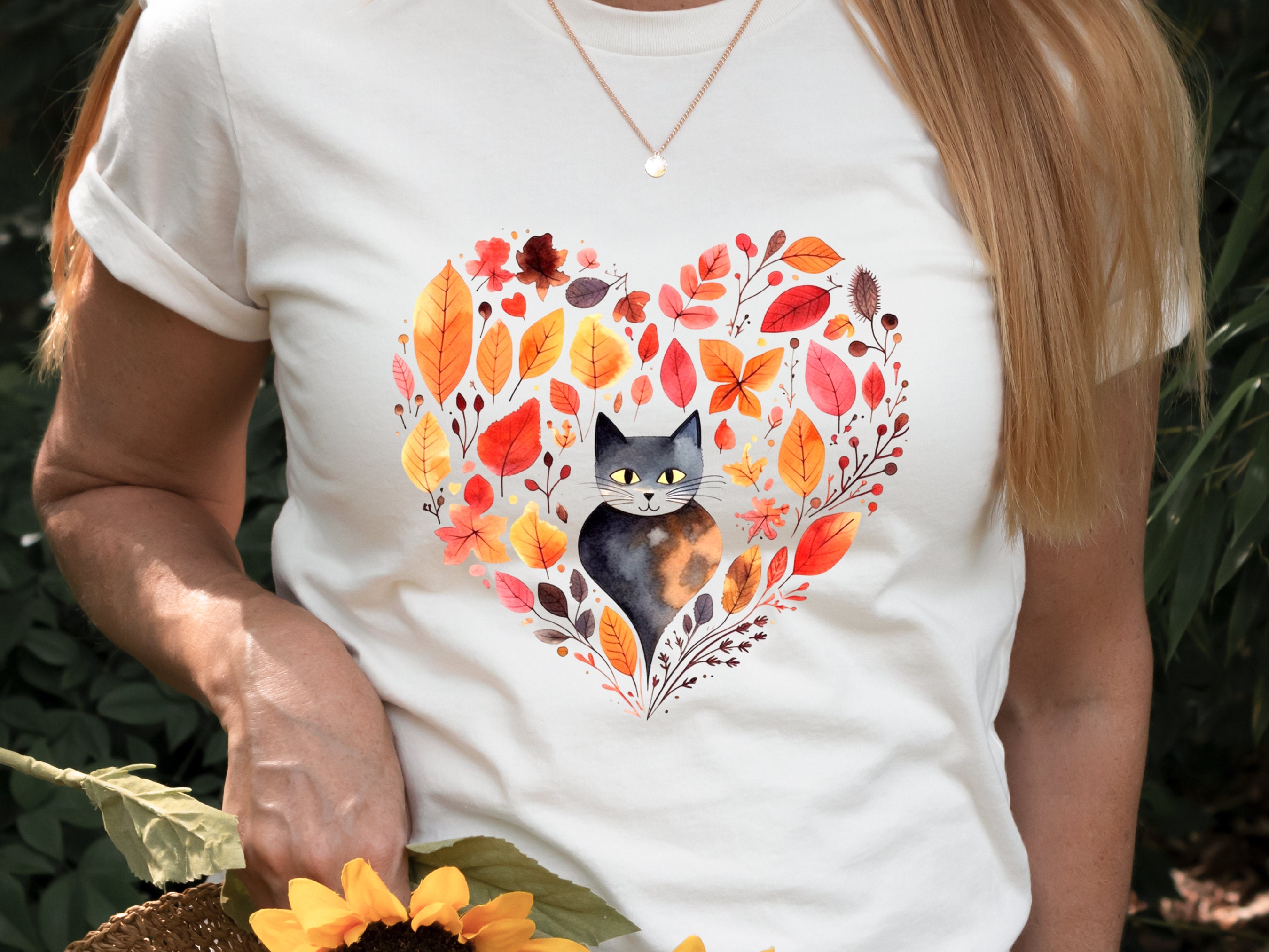 Cute Cat Lover Shirt Heart-Shaped Boho Leaves Design in Red Grey Fall Autumn Unique Shirt Nature Inspired Crazy Cat Lady Mom Gift for Her - View 5