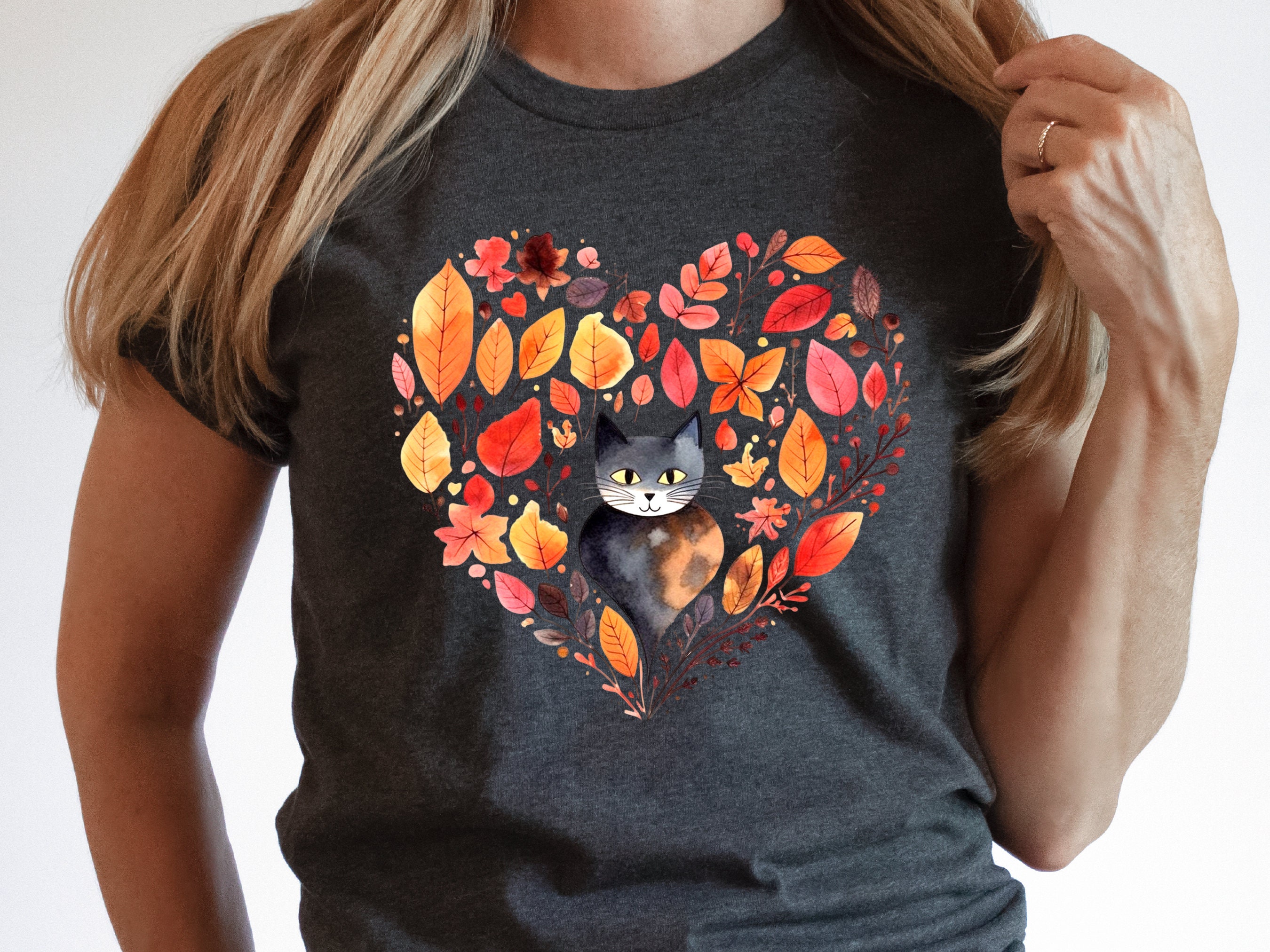 Cute Cat Lover Shirt Heart-Shaped Boho Leaves Design in Red Grey Fall Autumn Unique Shirt Nature Inspired Crazy Cat Lady Mom Gift for Her - View 6