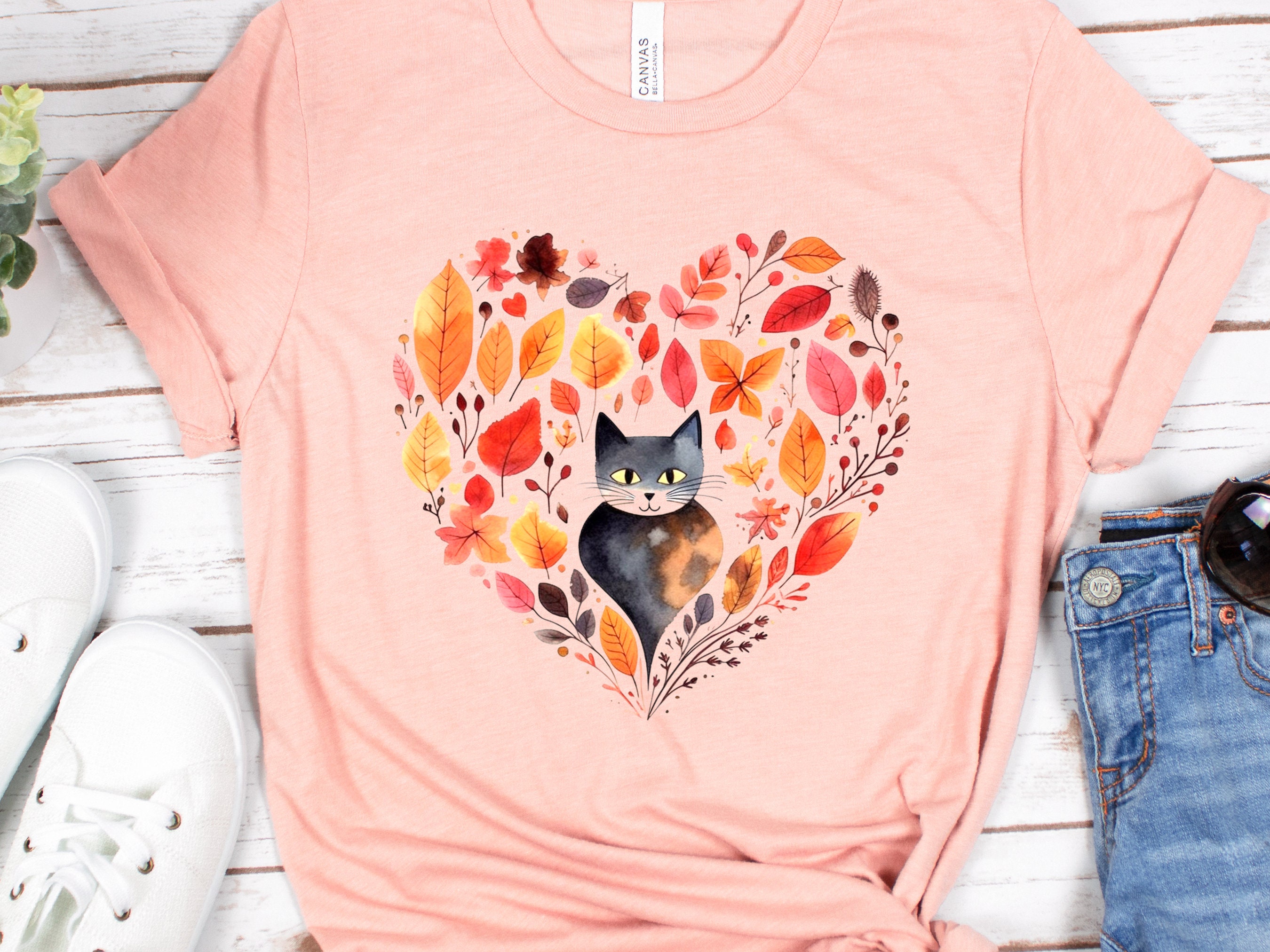 Cute Cat Lover Shirt Heart-Shaped Boho Leaves Design in Red Grey Fall Autumn Unique Shirt Nature Inspired Crazy Cat Lady Mom Gift for Her - View 7