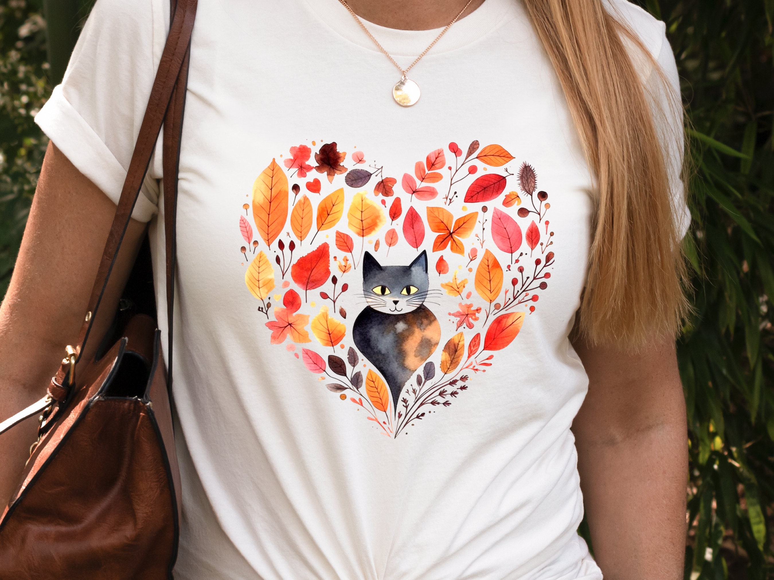 Cute Cat Lover Shirt Heart-Shaped Boho Leaves Design in Red Grey Fall Autumn Unique Shirt Nature Inspired Crazy Cat Lady Mom Gift for Her - View 8