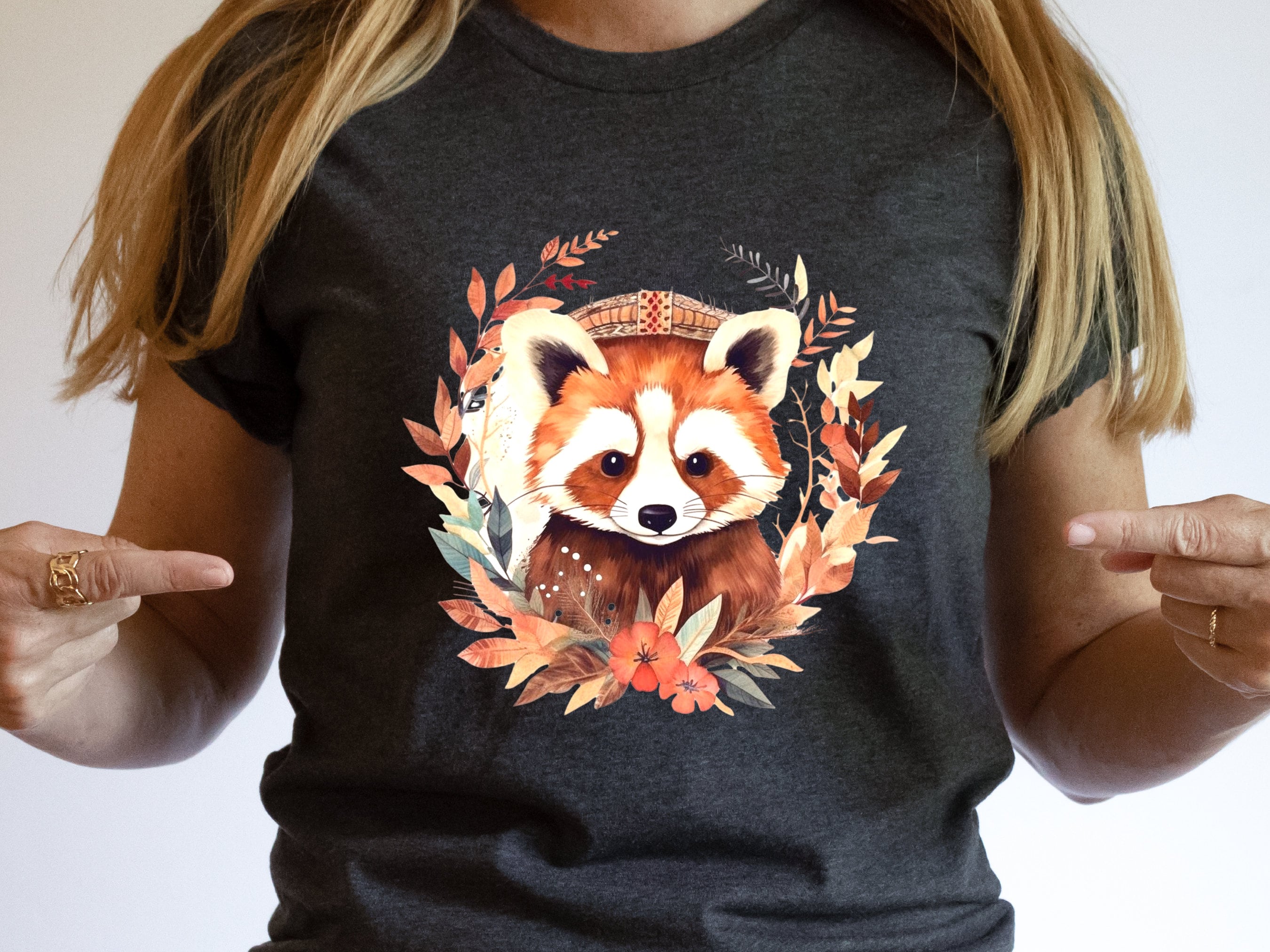 Red Panda Shirt Cute Trash Panda Lover Gifts Animal T-Shirt Unisex Boho Design Bohemian Watercolour Floral Wreath Tee Adorable Boho Chic - View 3