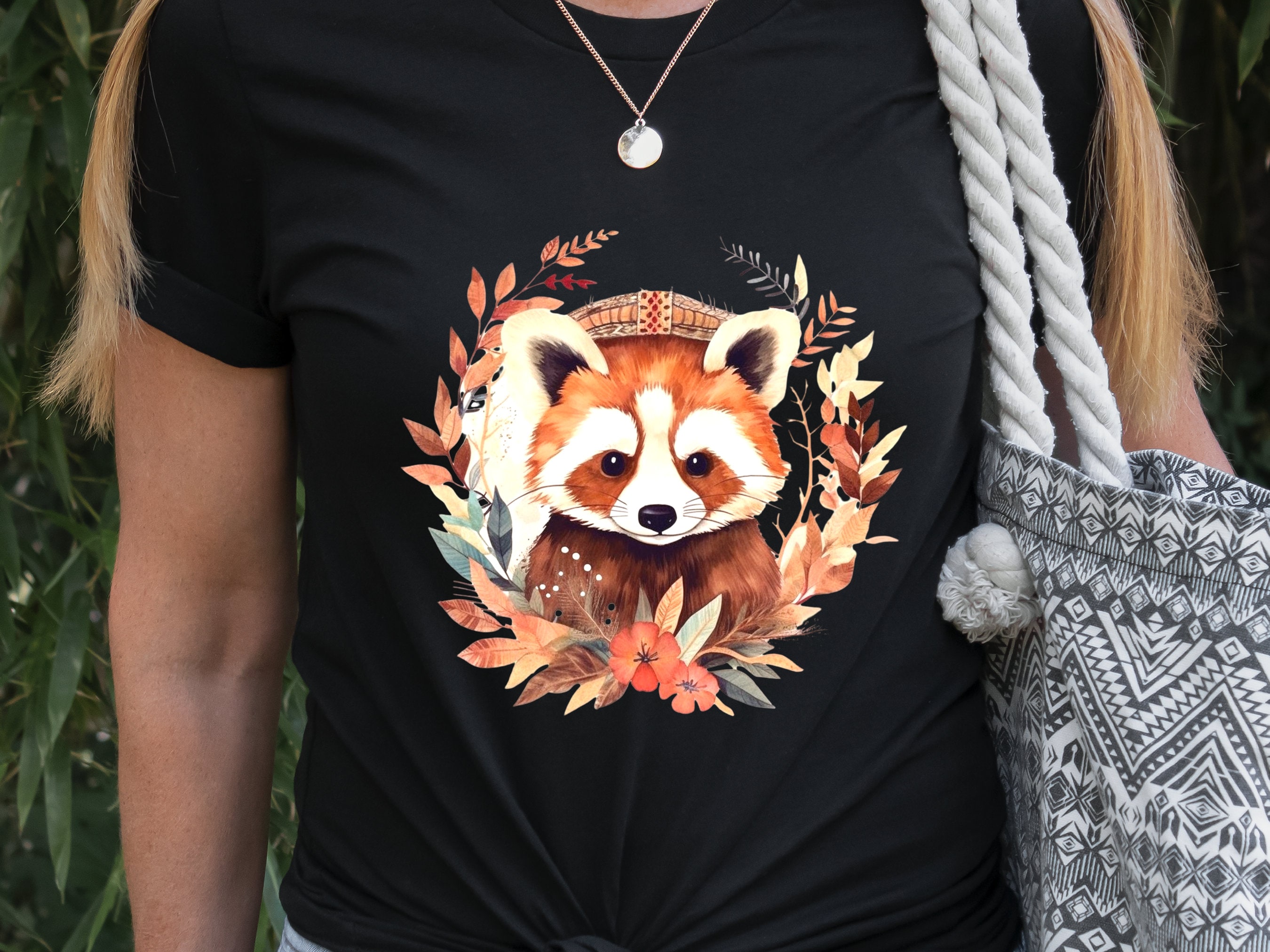 Red Panda Shirt Cute Trash Panda Lover Gifts Animal T-Shirt Unisex Boho Design Bohemian Watercolour Floral Wreath Tee Adorable Boho Chic - View 6